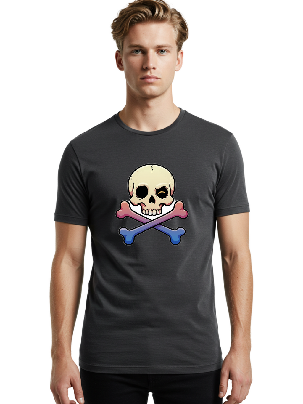 Skull-And-Crossbones Men'S Graphic Tee, 100% Cotton, Comfortable Casual Summer Wear, Machine Washable, Crossed Bones, Human Skull, Poison Symbol, Warning Sign, Cartoon Icon, Grunge Style, Death Symbol, Hazard Warning, Danger Sign, Bae739