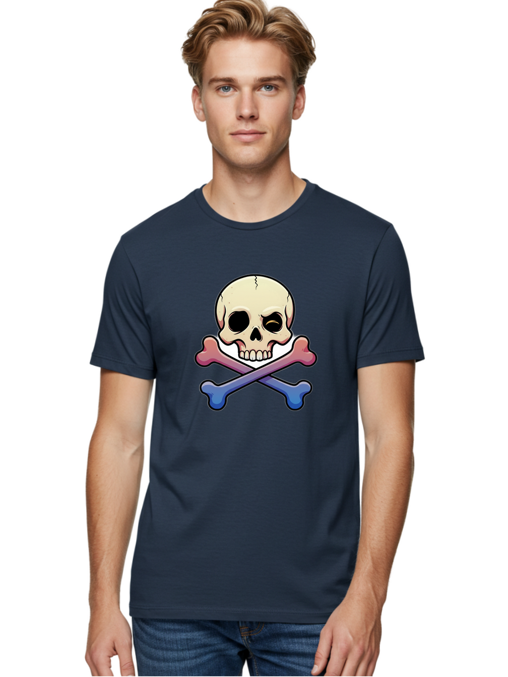 Skull-And-Crossbones Men'S Graphic Tee, 100% Cotton, Comfortable Casual Summer Wear, Machine Washable, Crossed Bones, Human Skull, Poison Symbol, Warning Sign, Cartoon Icon, Grunge Style, Death Symbol, Hazard Warning, Danger Sign, Bae739