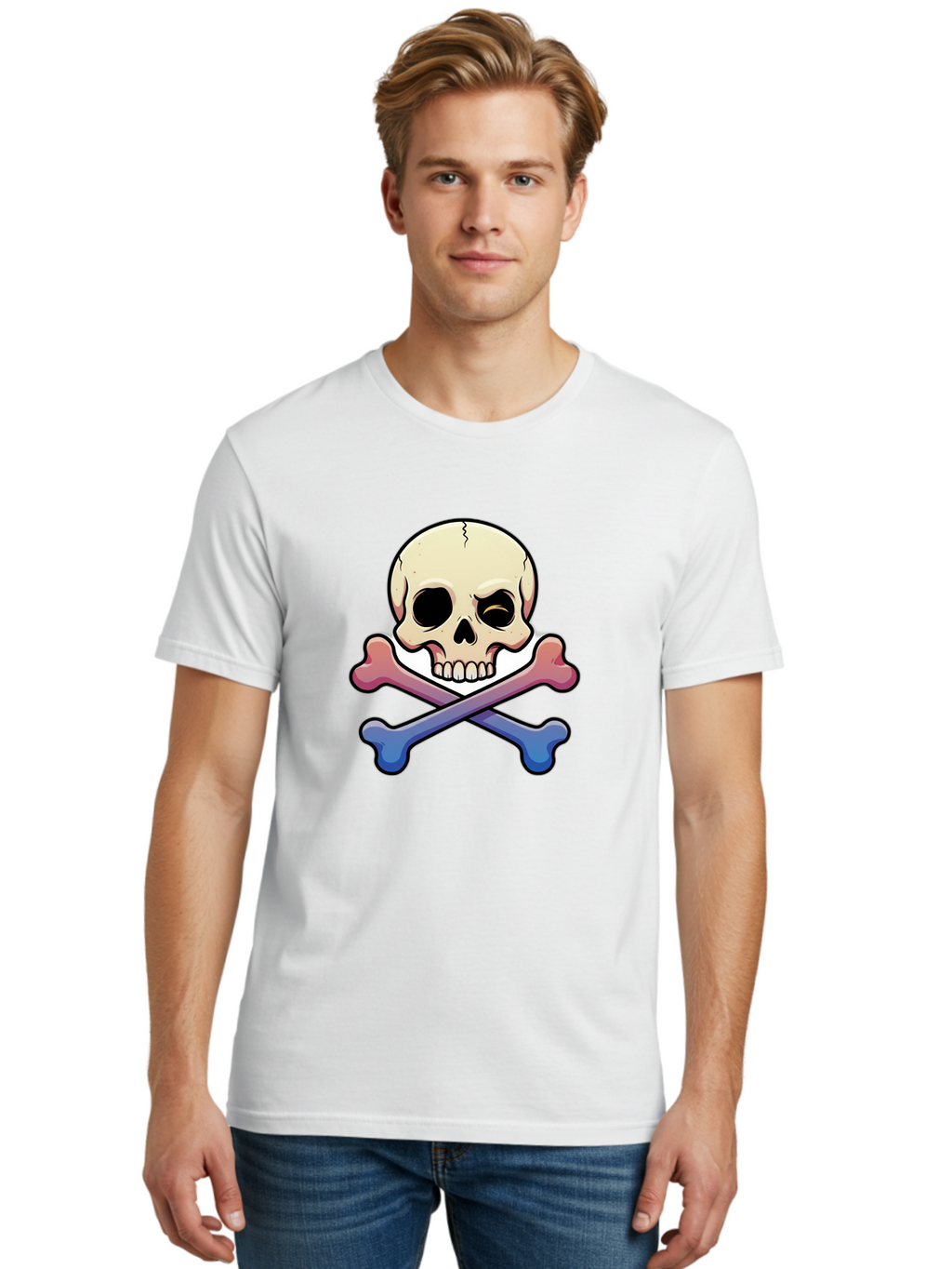 Skull-And-Crossbones Men'S Graphic Tee, 100% Cotton, Comfortable Casual Summer Wear, Machine Washable, Crossed Bones, Human Skull, Poison Symbol, Warning Sign, Cartoon Icon, Grunge Style, Death Symbol, Hazard Warning, Danger Sign, Bae739