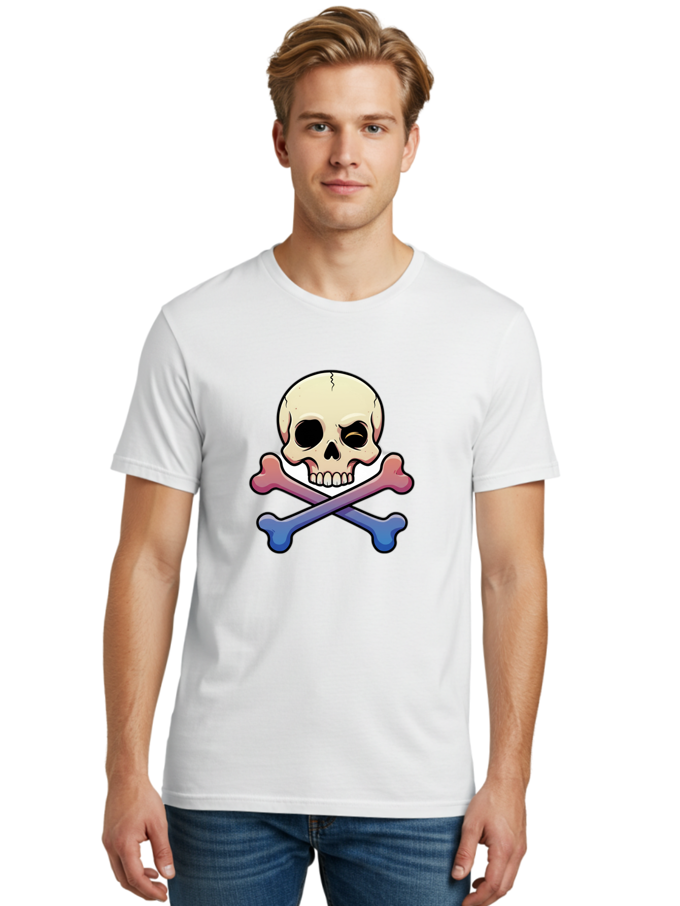 Skull-And-Crossbones Men'S Graphic Tee, 100% Cotton, Comfortable Casual Summer Wear, Machine Washable, Crossed Bones, Human Skull, Poison Symbol, Warning Sign, Cartoon Icon, Grunge Style, Death Symbol, Hazard Warning, Danger Sign, Bae739