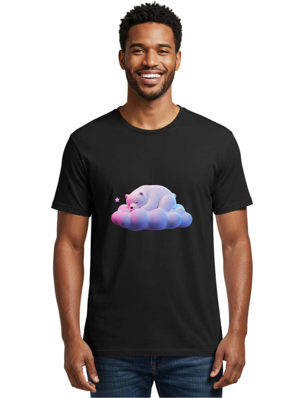 Sleeping-Polar-Bear-11 Men'S Graphic Tee, 100% Cotton, Comfortable Casual Summer Wear, Machine Washable, Sleeping Polar Bear, White Bear, Cloud, Dreamy Scene, Peaceful Slumber, Serene Atmosphere, Cute Bear, Cartoon Style Bae742