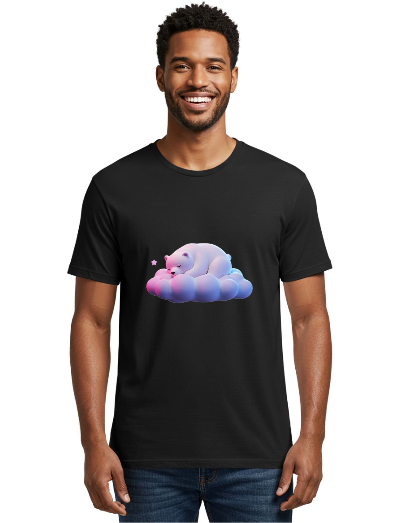 Sleeping-Polar-Bear-11 Men'S Graphic Tee, 100% Cotton, Comfortable Casual Summer Wear, Machine Washable, Sleeping Polar Bear, White Bear, Cloud, Dreamy Scene, Peaceful Slumber, Serene Atmosphere, Cute Bear, Cartoon Style Bae742