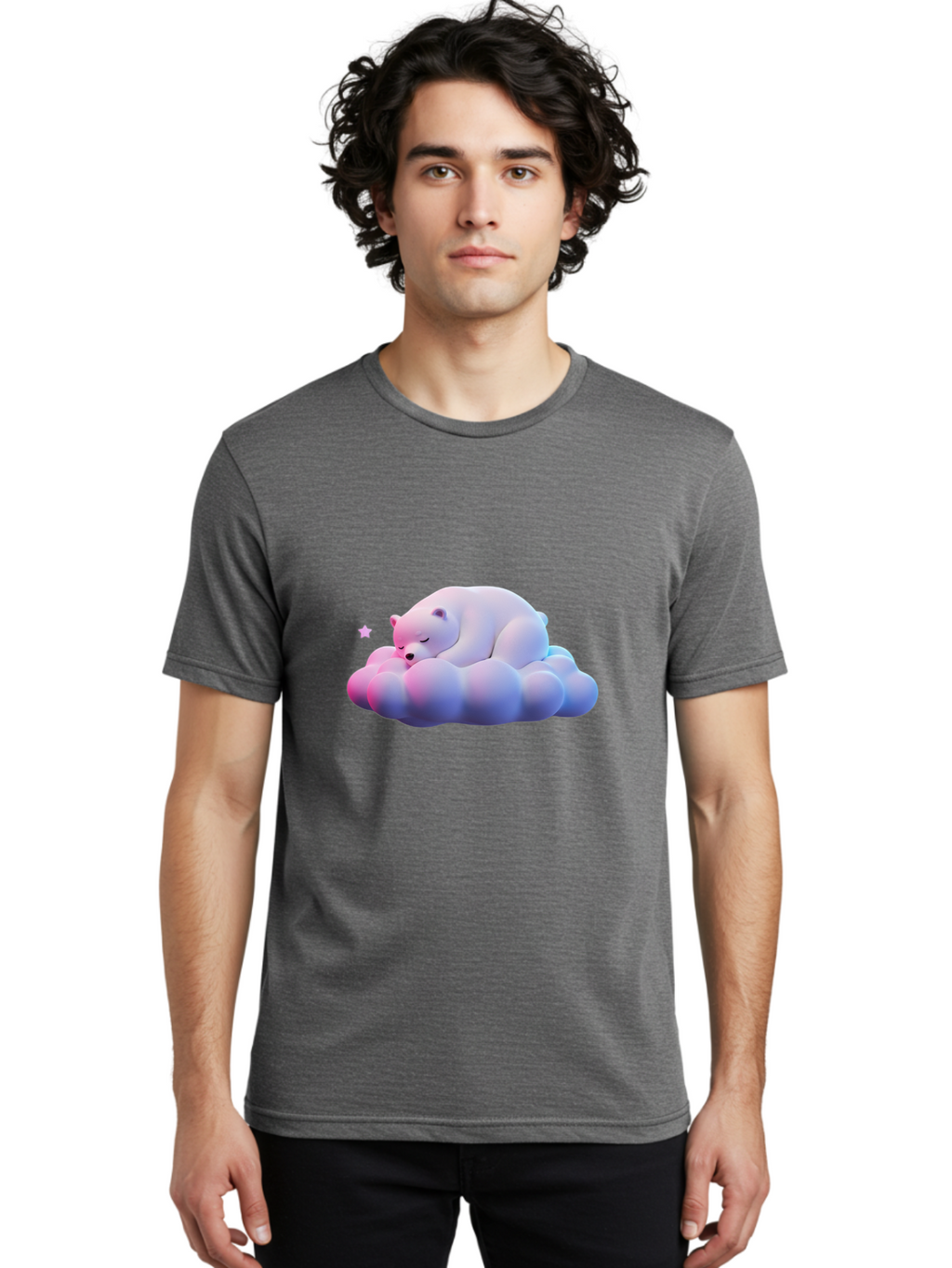 Sleeping-Polar-Bear-11 Men'S Graphic Tee, 100% Cotton, Comfortable Casual Summer Wear, Machine Washable, Sleeping Polar Bear, White Bear, Cloud, Dreamy Scene, Peaceful Slumber, Serene Atmosphere, Cute Bear, Cartoon Style Bae742