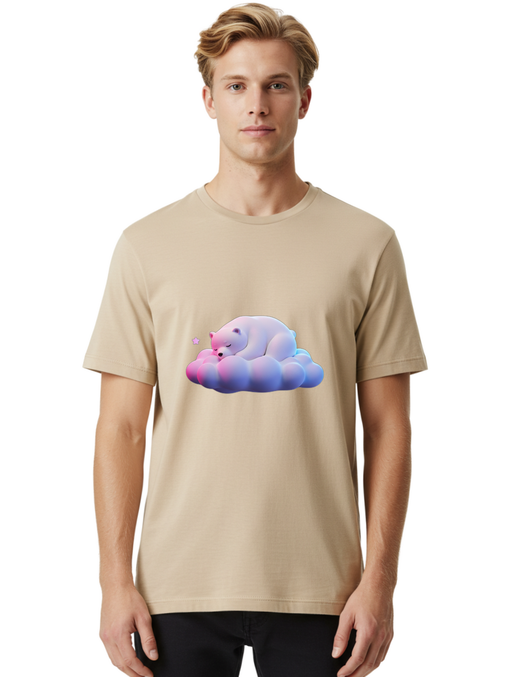 Sleeping-Polar-Bear-11 Men'S Graphic Tee, 100% Cotton, Comfortable Casual Summer Wear, Machine Washable, Sleeping Polar Bear, White Bear, Cloud, Dreamy Scene, Peaceful Slumber, Serene Atmosphere, Cute Bear, Cartoon Style Bae742