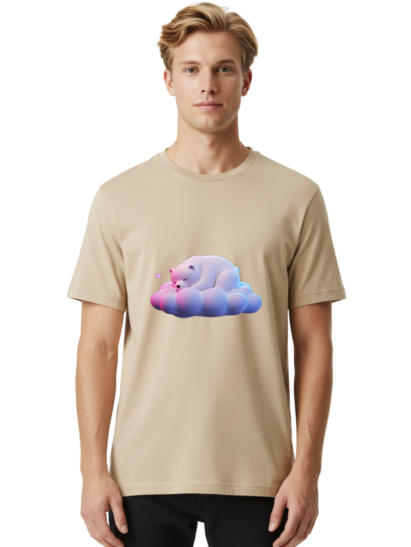 Sleeping-Polar-Bear-11 Men'S Graphic Tee, 100% Cotton, Comfortable Casual Summer Wear, Machine Washable, Sleeping Polar Bear, White Bear, Cloud, Dreamy Scene, Peaceful Slumber, Serene Atmosphere, Cute Bear, Cartoon Style Bae742