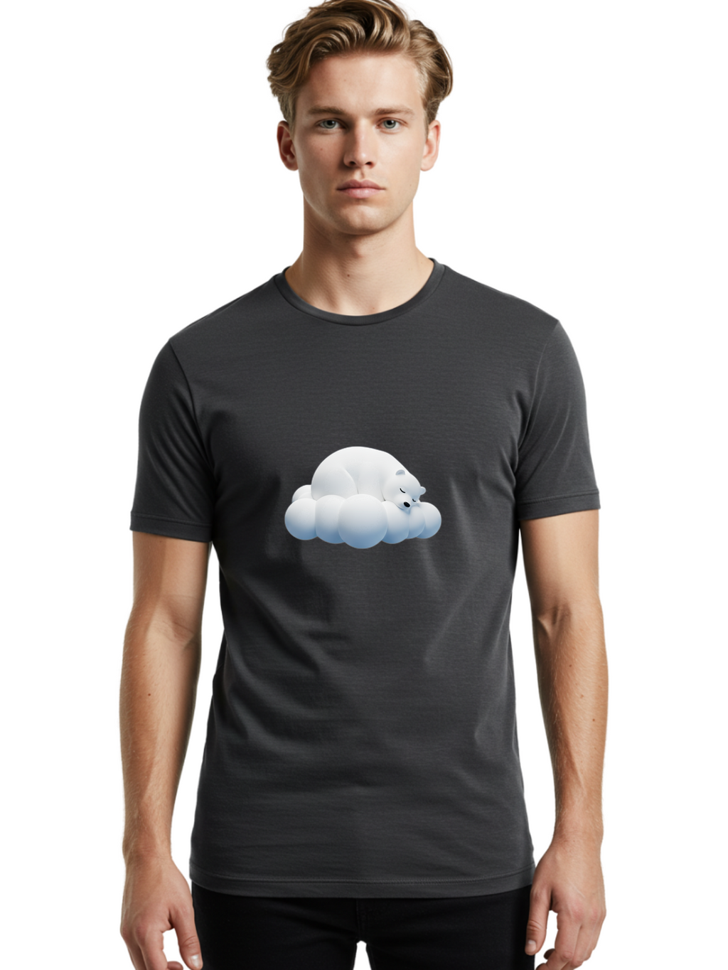 Sleeping-Polar-Bear-2 Men'S Graphic Tee, 100% Cotton, Comfortable Casual Summer Wear, Machine Washable, Sleeping Polar Bear On Cloud, Peaceful Slumber, Serene Atmosphere, Cute Cartoon Character, Relaxing Illustration, Sweet Dreams, Calmness, Bae743