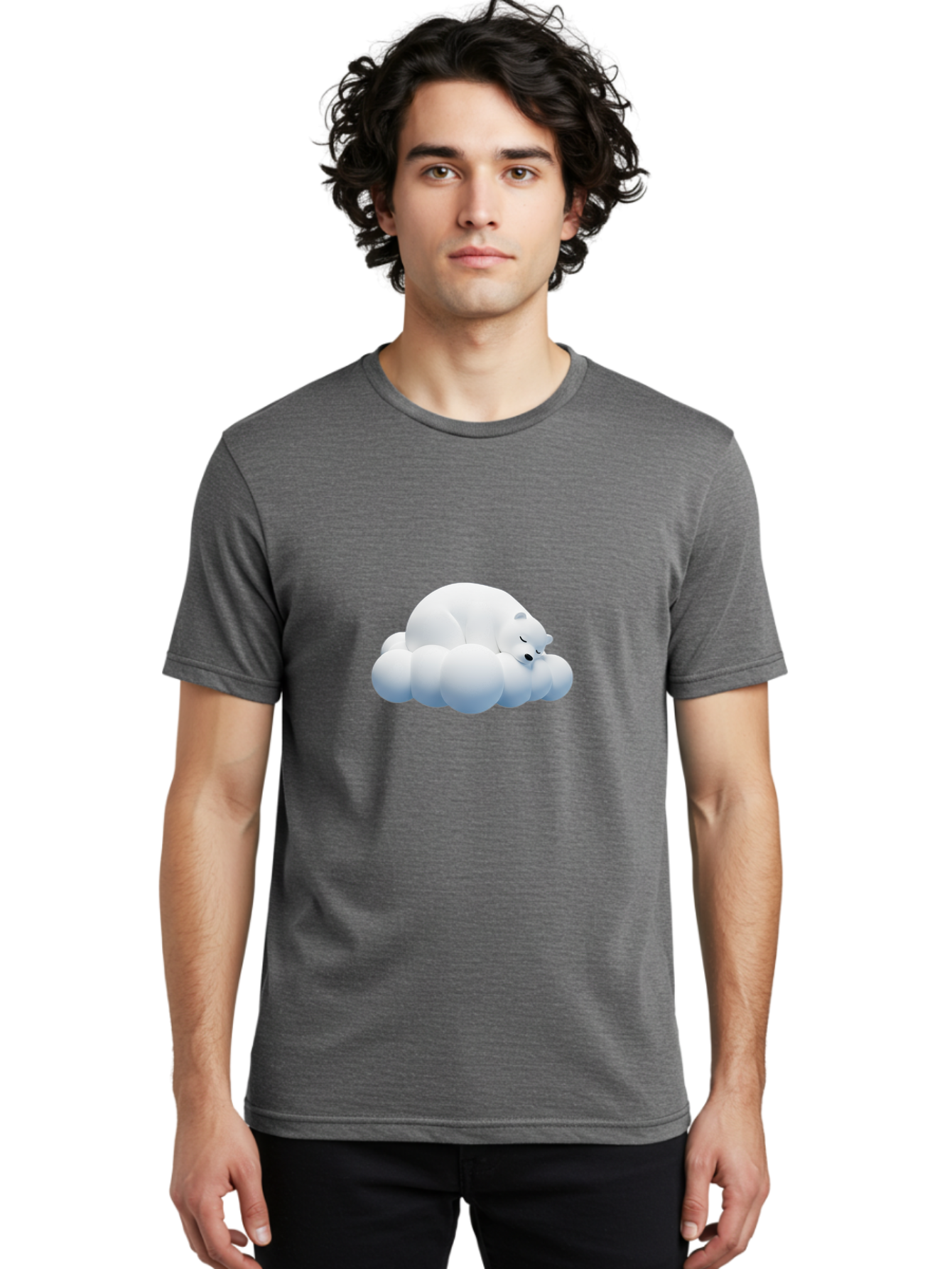 Sleeping-Polar-Bear-2 Men'S Graphic Tee, 100% Cotton, Comfortable Casual Summer Wear, Machine Washable, Sleeping Polar Bear On Cloud, Peaceful Slumber, Serene Atmosphere, Cute Cartoon Character, Relaxing Illustration, Sweet Dreams, Calmness, Bae743