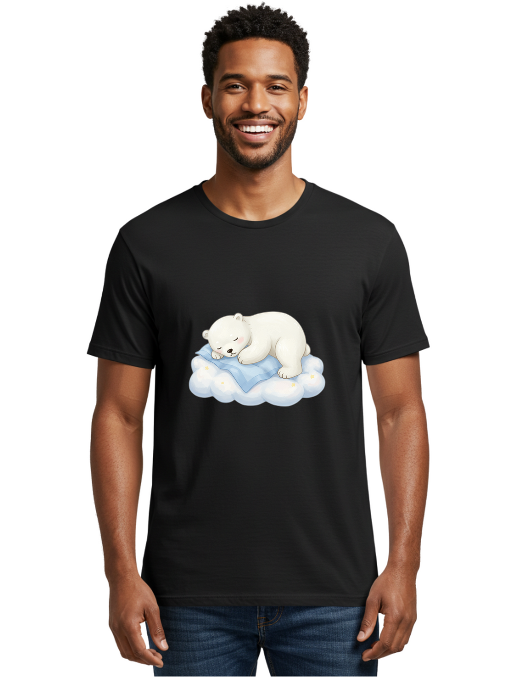 Sleeping-Polar-Bear-3 Men'S Graphic Tee, 100% Cotton, Comfortable Casual Summer Wear, Machine Washable, Polar Bear Sleeping On Cloud, Cute Cartoon Bear, Peaceful Slumber, Fluffy White Bear, Serene Atmosphere, Adorable Animal, Kawaii Bae744