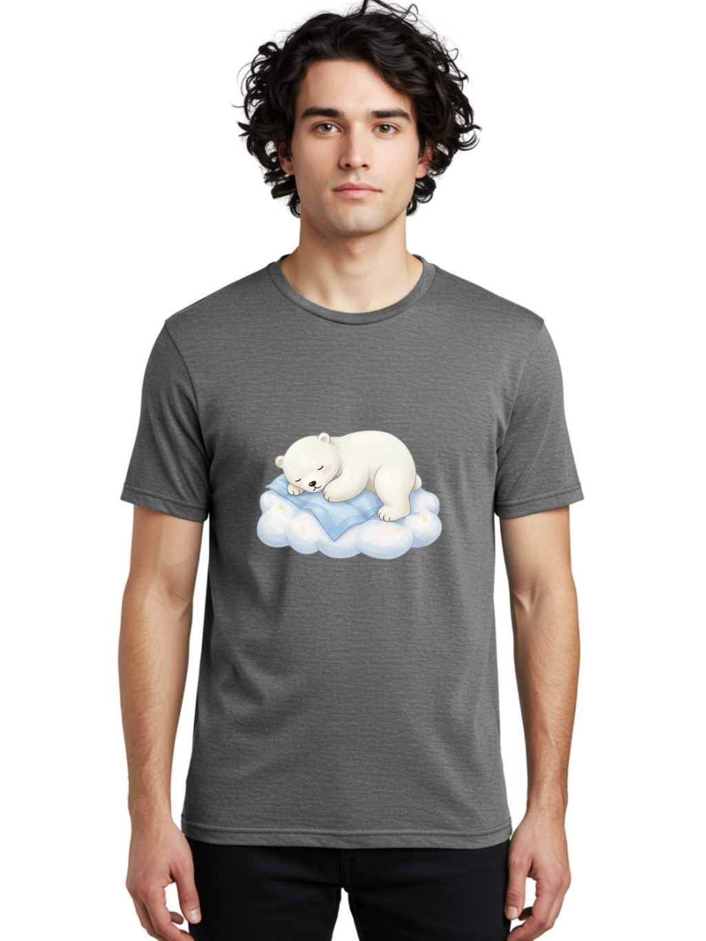 Sleeping-Polar-Bear-3 Men'S Graphic Tee, 100% Cotton, Comfortable Casual Summer Wear, Machine Washable, Polar Bear Sleeping On Cloud, Cute Cartoon Bear, Peaceful Slumber, Fluffy White Bear, Serene Atmosphere, Adorable Animal, Kawaii Bae744