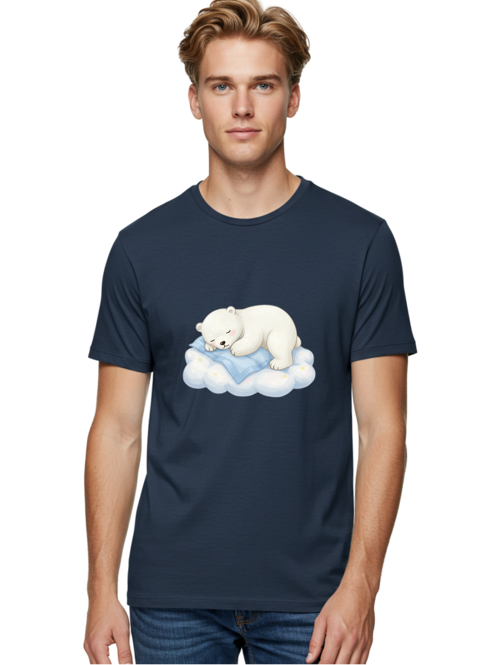 Sleeping-Polar-Bear-3 Men'S Graphic Tee, 100% Cotton, Comfortable Casual Summer Wear, Machine Washable, Polar Bear Sleeping On Cloud, Cute Cartoon Bear, Peaceful Slumber, Fluffy White Bear, Serene Atmosphere, Adorable Animal, Kawaii Bae744