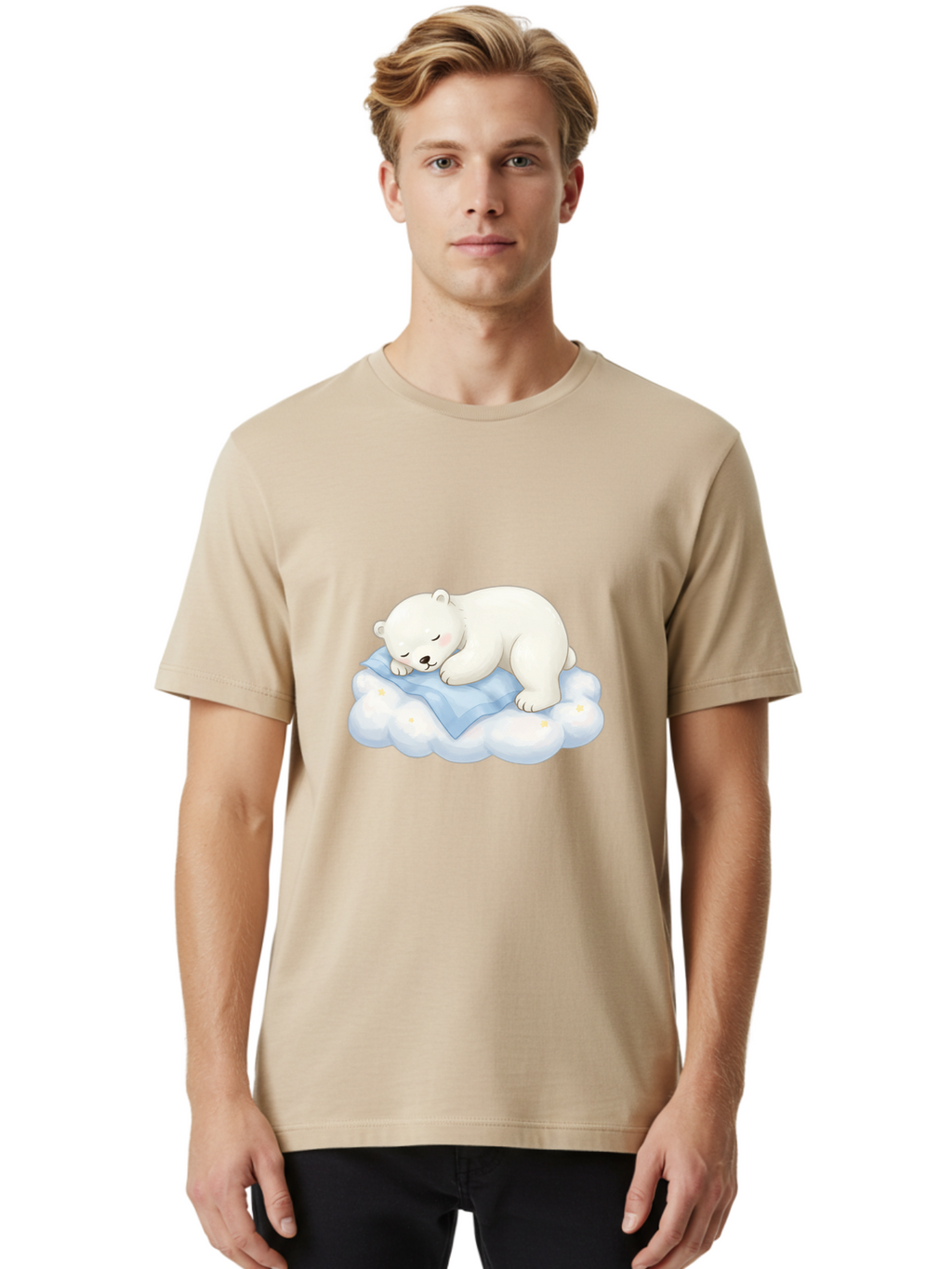Sleeping-Polar-Bear-3 Men'S Graphic Tee, 100% Cotton, Comfortable Casual Summer Wear, Machine Washable, Polar Bear Sleeping On Cloud, Cute Cartoon Bear, Peaceful Slumber, Fluffy White Bear, Serene Atmosphere, Adorable Animal, Kawaii Bae744