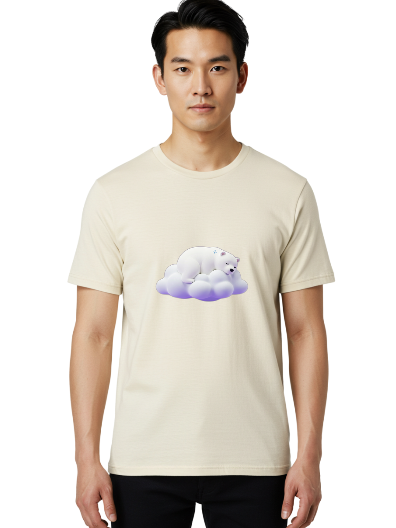 Sleeping-Polar-Bear-5 Men'S Graphic Tee, 100% Cotton, Comfortable Casual Summer Wear, Machine Washable, Sleeping Polar Bear, Cute Cartoon Character, Relaxing On Cloud, Peaceful Slumber, Serene Atmosphere, Adorable Illustration, Zzz, Bae746