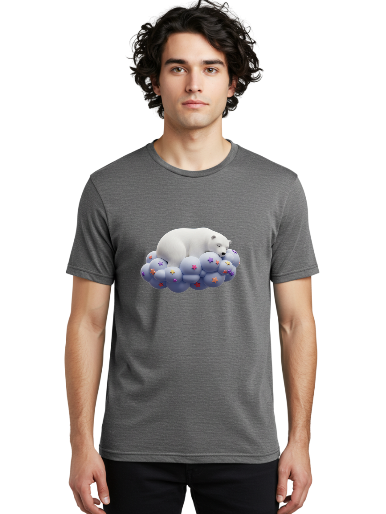 Sleeping-Polar-Bear-7 Men'S Graphic Tee, 100% Cotton, Comfortable Casual Summer Wear, Machine Washable, Sleeping Polar Bear, White Bear, Cloud With Stars, Pastel Colors, Whimsical Scene, Dreamy Atmosphere, Cute Illustration, Fantasy Art, Bae748