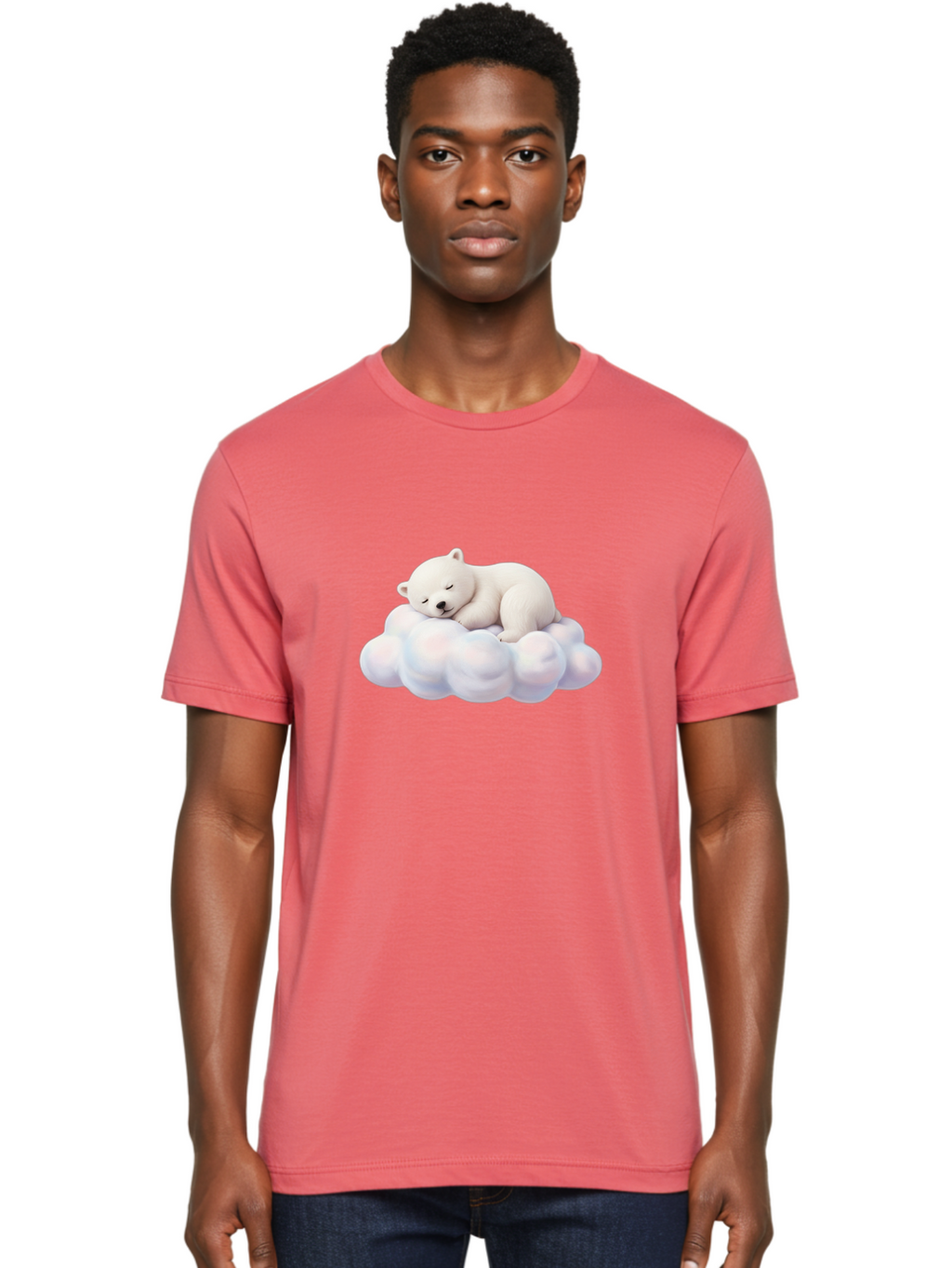 Sleeping-Polar-Bear-On-Cloud Men'S Graphic Tee, 100% Cotton, Comfortable Casual Summer Wear, Machine Washable, Sleeping Polar Bear On A Cloud, Cute Animals, White Bear, Peaceful Atmosphere, Serene Scene, Adorable Creature, Digital Art Bae751
