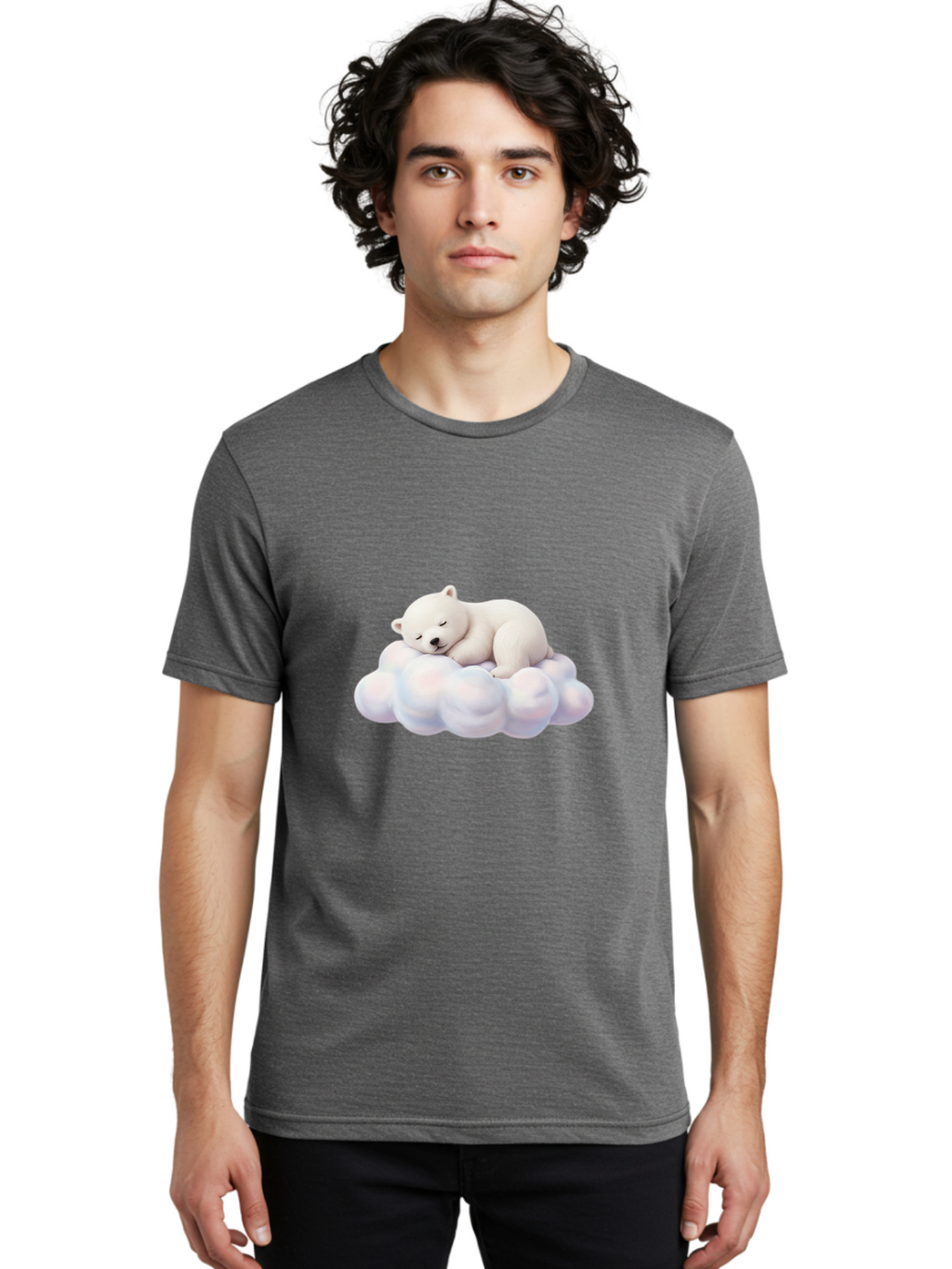 Sleeping-Polar-Bear-On-Cloud Men'S Graphic Tee, 100% Cotton, Comfortable Casual Summer Wear, Machine Washable, Sleeping Polar Bear On A Cloud, Cute Animals, White Bear, Peaceful Atmosphere, Serene Scene, Adorable Creature, Digital Art Bae751