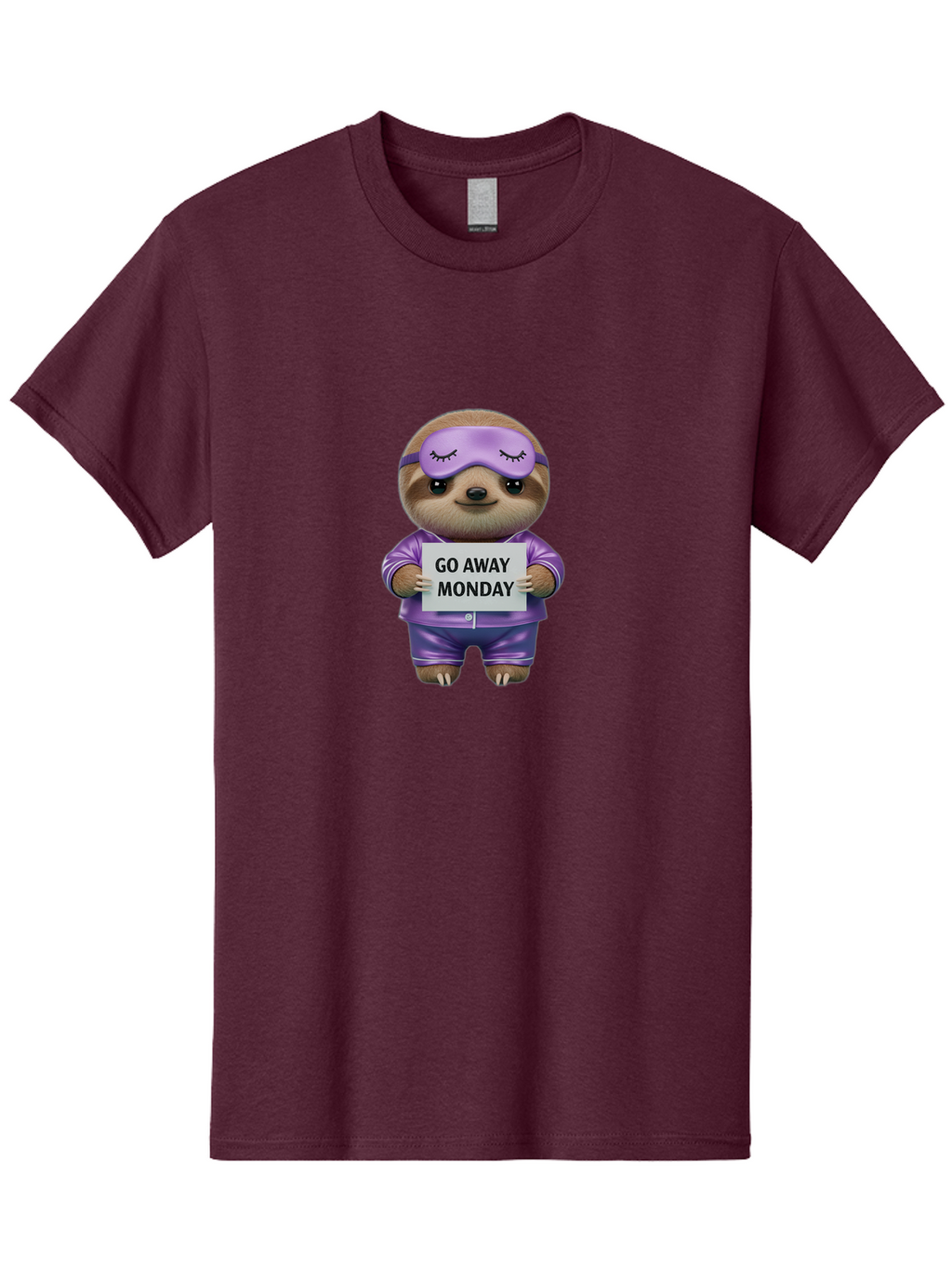 Sloth-Go-Away-Monday-1 Men'S Graphic Tee, 100% Cotton, Comfortable Casual Summer Wear, Machine Washable, Funny Sloth, Cartoon Character, Go Away Monday Sign, Lazy Animal, Purple Pajamas, Sleep Mask, Humorous Illustration, Relaxing Vibe, Bae753