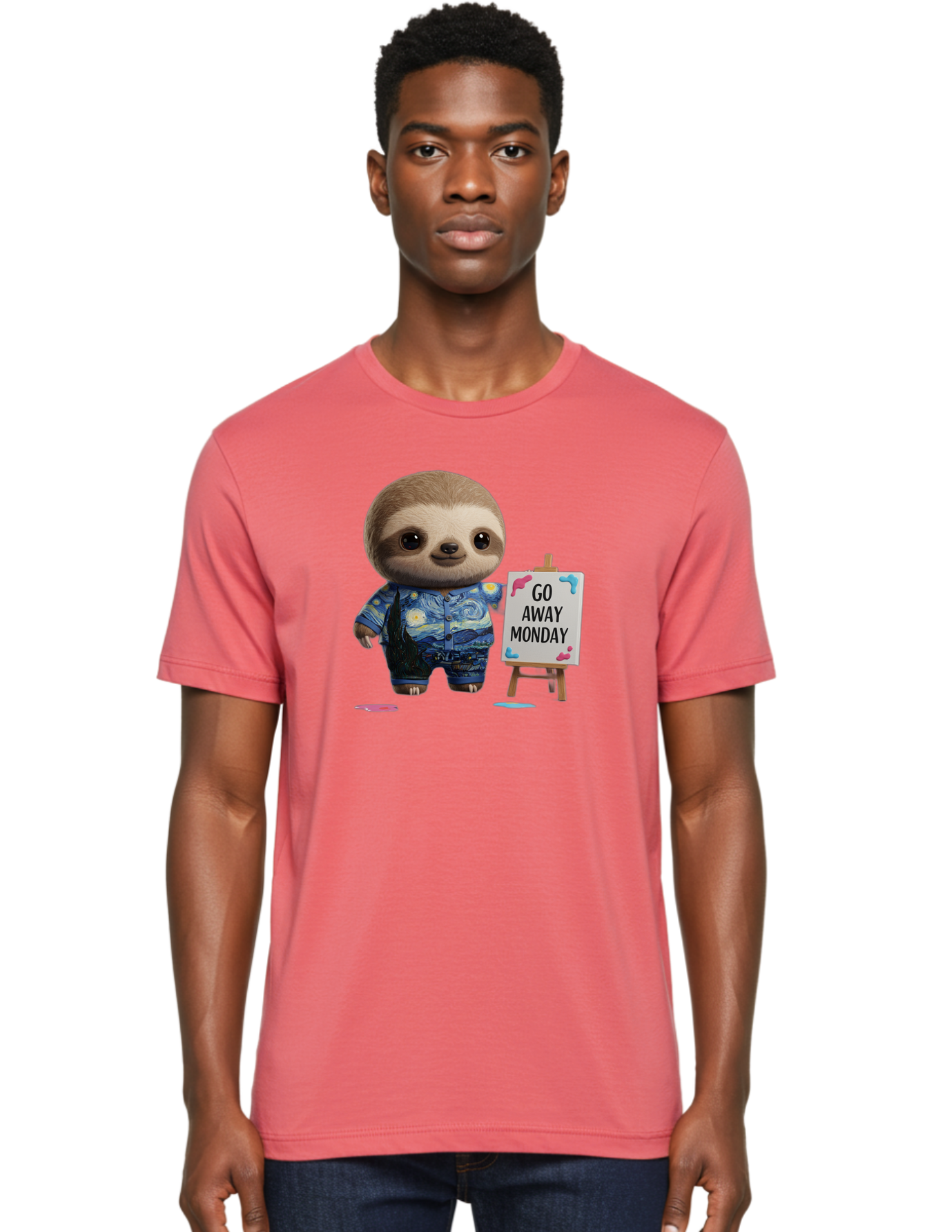 Sloth-Go-Away-Monday-2 Men'S Graphic Tee, 100% Cotton, Comfortable Casual Summer Wear, Machine Washable, Funny Sloth Meme, Monday Motivation, Art Humor, Creative Sloth, Van Gogh-Inspired Outfit, Humorous Canvas, Quirky Character, Monday Blues, Bae754