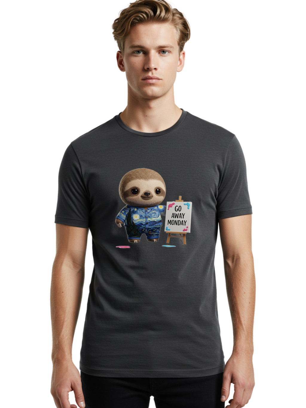 Sloth-Go-Away-Monday-2 Men'S Graphic Tee, 100% Cotton, Comfortable Casual Summer Wear, Machine Washable, Funny Sloth Meme, Monday Motivation, Art Humor, Creative Sloth, Van Gogh-Inspired Outfit, Humorous Canvas, Quirky Character, Monday Blues, Bae754