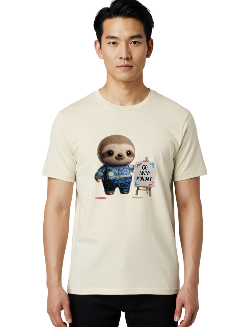 Sloth-Go-Away-Monday-2 Men'S Graphic Tee, 100% Cotton, Comfortable Casual Summer Wear, Machine Washable, Funny Sloth Meme, Monday Motivation, Art Humor, Creative Sloth, Van Gogh-Inspired Outfit, Humorous Canvas, Quirky Character, Monday Blues, Bae754