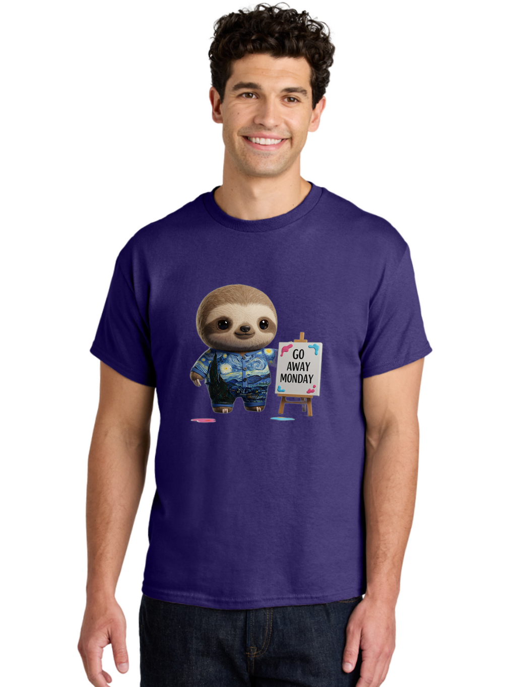 Sloth-Go-Away-Monday-2 Men'S Graphic Tee, 100% Cotton, Comfortable Casual Summer Wear, Machine Washable, Funny Sloth Meme, Monday Motivation, Art Humor, Creative Sloth, Van Gogh-Inspired Outfit, Humorous Canvas, Quirky Character, Monday Blues, Bae754