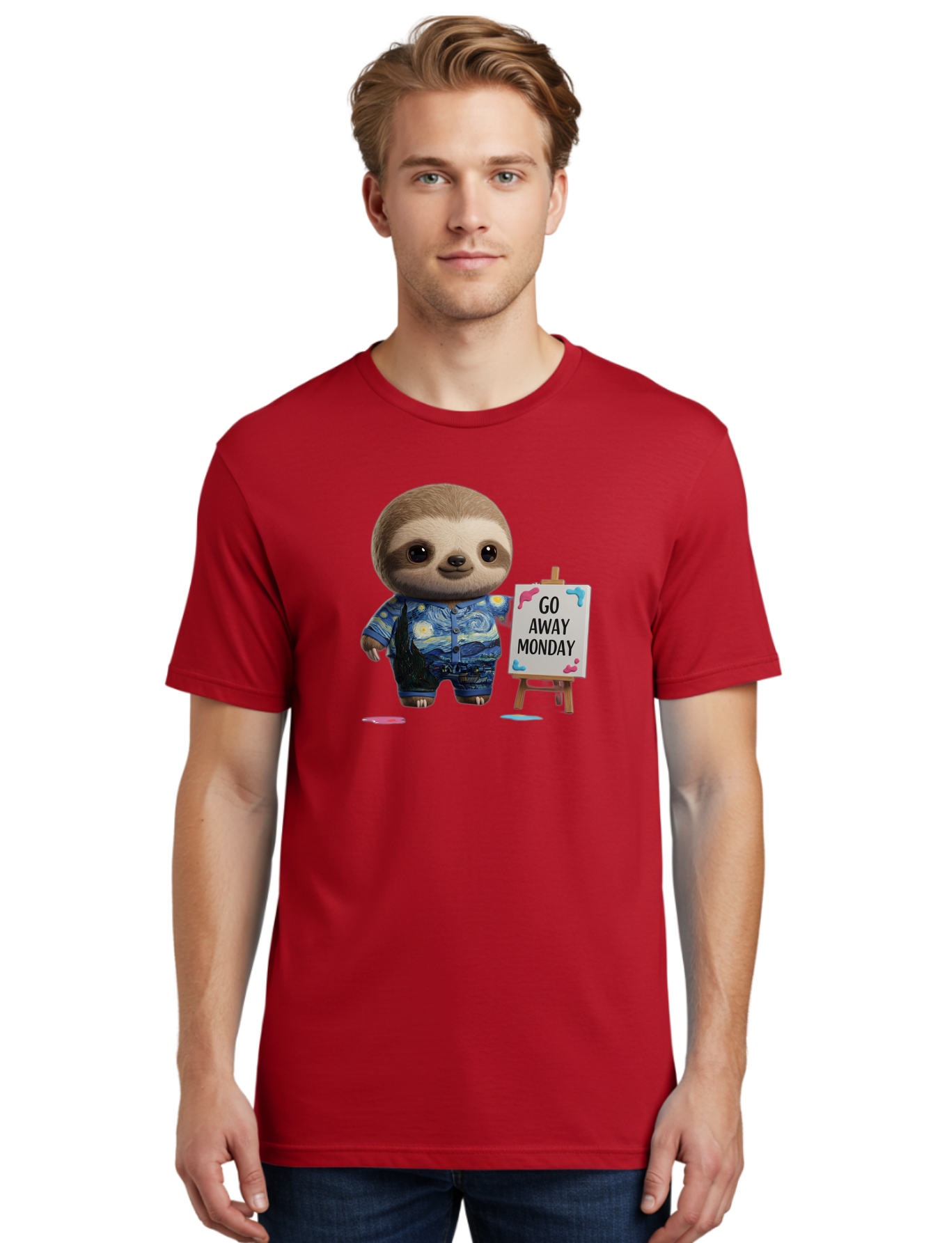 Sloth-Go-Away-Monday-2 Men'S Graphic Tee, 100% Cotton, Comfortable Casual Summer Wear, Machine Washable, Funny Sloth Meme, Monday Motivation, Art Humor, Creative Sloth, Van Gogh-Inspired Outfit, Humorous Canvas, Quirky Character, Monday Blues, Bae754