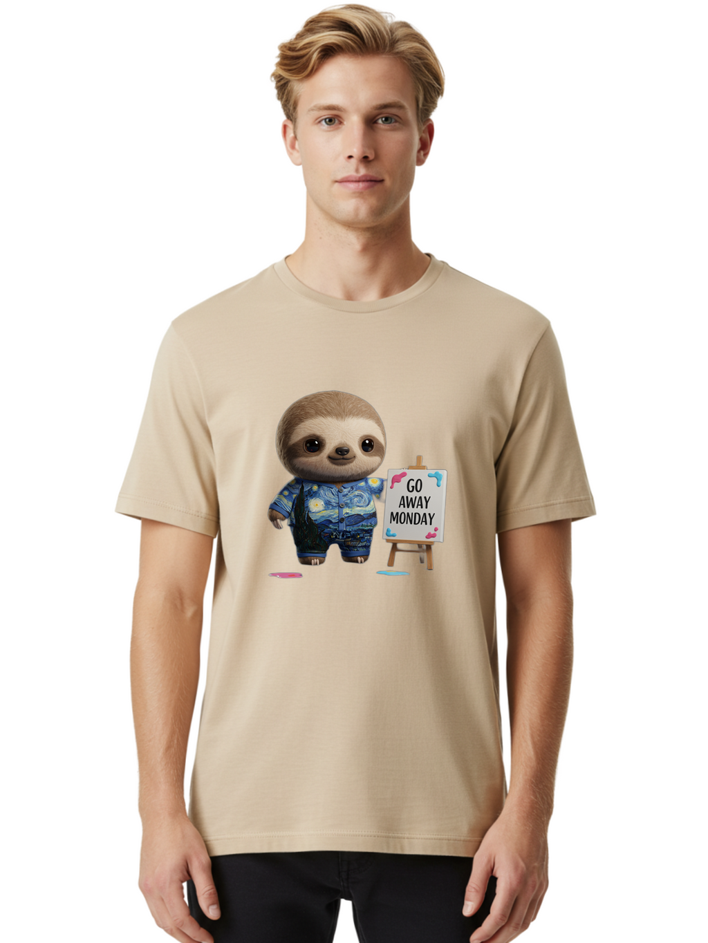 Sloth-Go-Away-Monday-2 Men'S Graphic Tee, 100% Cotton, Comfortable Casual Summer Wear, Machine Washable, Funny Sloth Meme, Monday Motivation, Art Humor, Creative Sloth, Van Gogh-Inspired Outfit, Humorous Canvas, Quirky Character, Monday Blues, Bae754