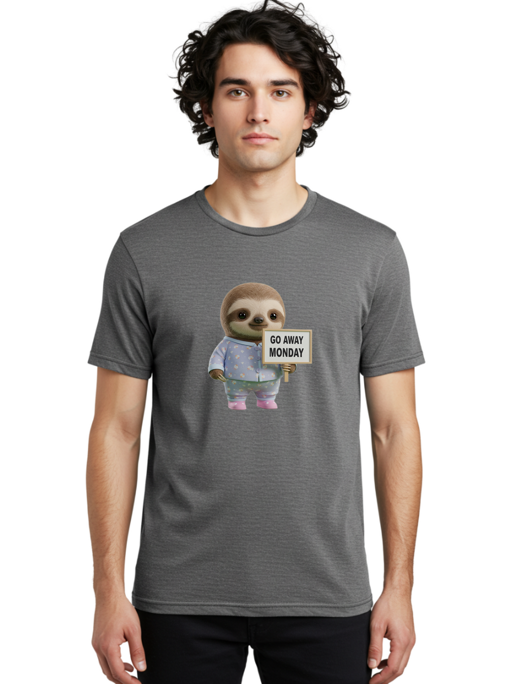 Sloth-Holding-Sign-Go-Away-Monday Men'S Graphic Tee, 100% Cotton, Comfortable Casual Summer Wear, Machine Washable, Sloth In Pajamas, Funny Animal, Cute Sloth, Humorous Sign, Go Away Monday, Lazy Morning, Cartoon Character, Playful Graphics, Bae756
