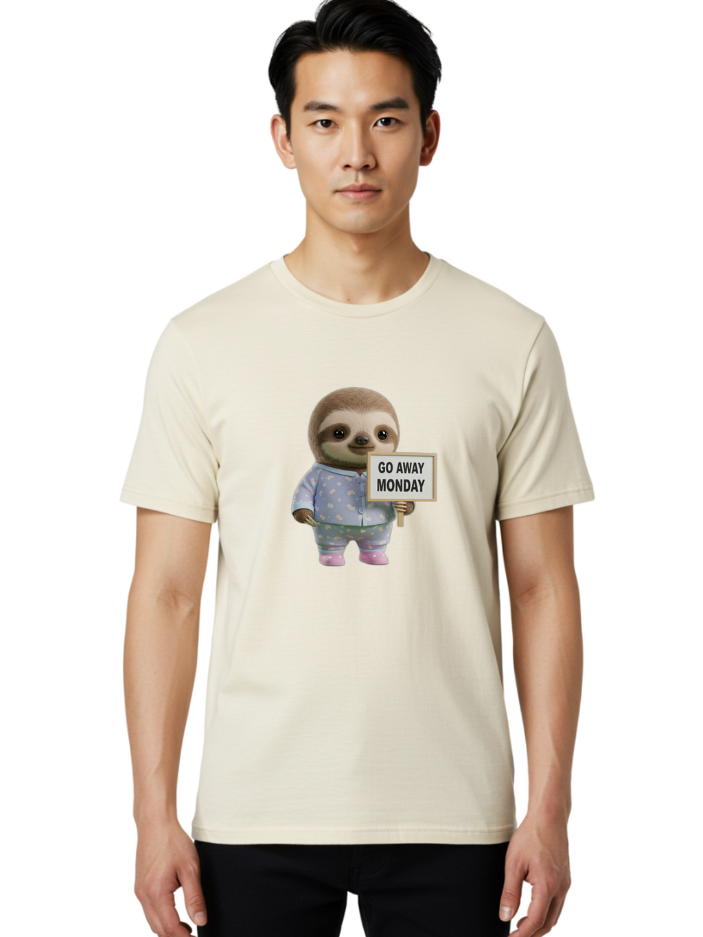 Sloth-Holding-Sign-Go-Away-Monday Men'S Graphic Tee, 100% Cotton, Comfortable Casual Summer Wear, Machine Washable, Sloth In Pajamas, Funny Animal, Cute Sloth, Humorous Sign, Go Away Monday, Lazy Morning, Cartoon Character, Playful Graphics, Bae756