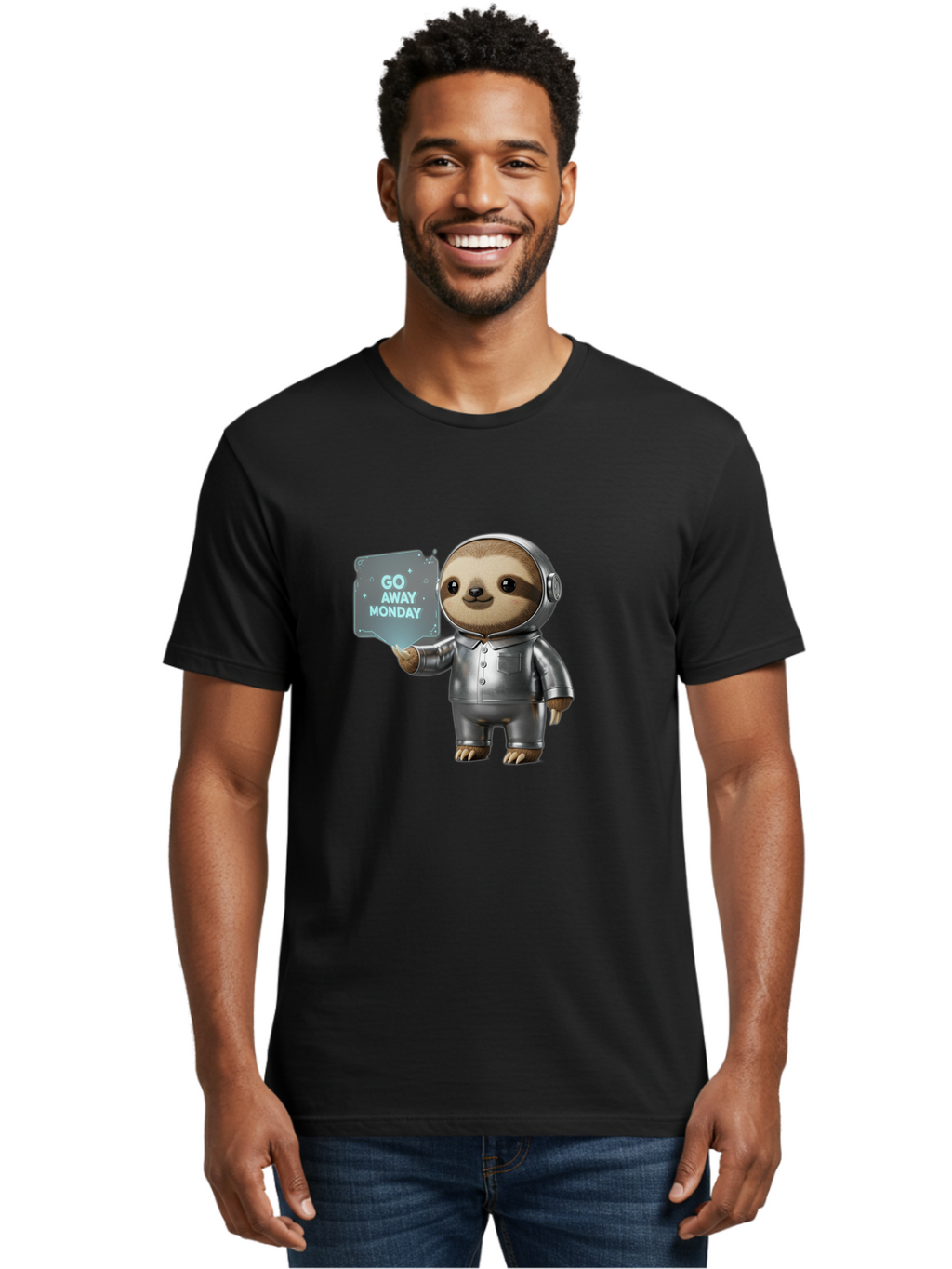 Sloth-In-Space-Suit Men'S Graphic Tee, 100% Cotton, Comfortable Casual Summer Wear, Machine Washable, Sloth In Silver Space Suit, Astronaut Sloth, Motivational Quote, Funny Animal, Humor, Quirky Character, Go Away Monday Bae757