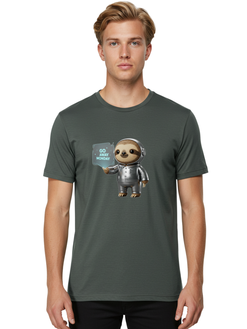Sloth-In-Space-Suit Men'S Graphic Tee, 100% Cotton, Comfortable Casual Summer Wear, Machine Washable, Sloth In Silver Space Suit, Astronaut Sloth, Motivational Quote, Funny Animal, Humor, Quirky Character, Go Away Monday Bae757