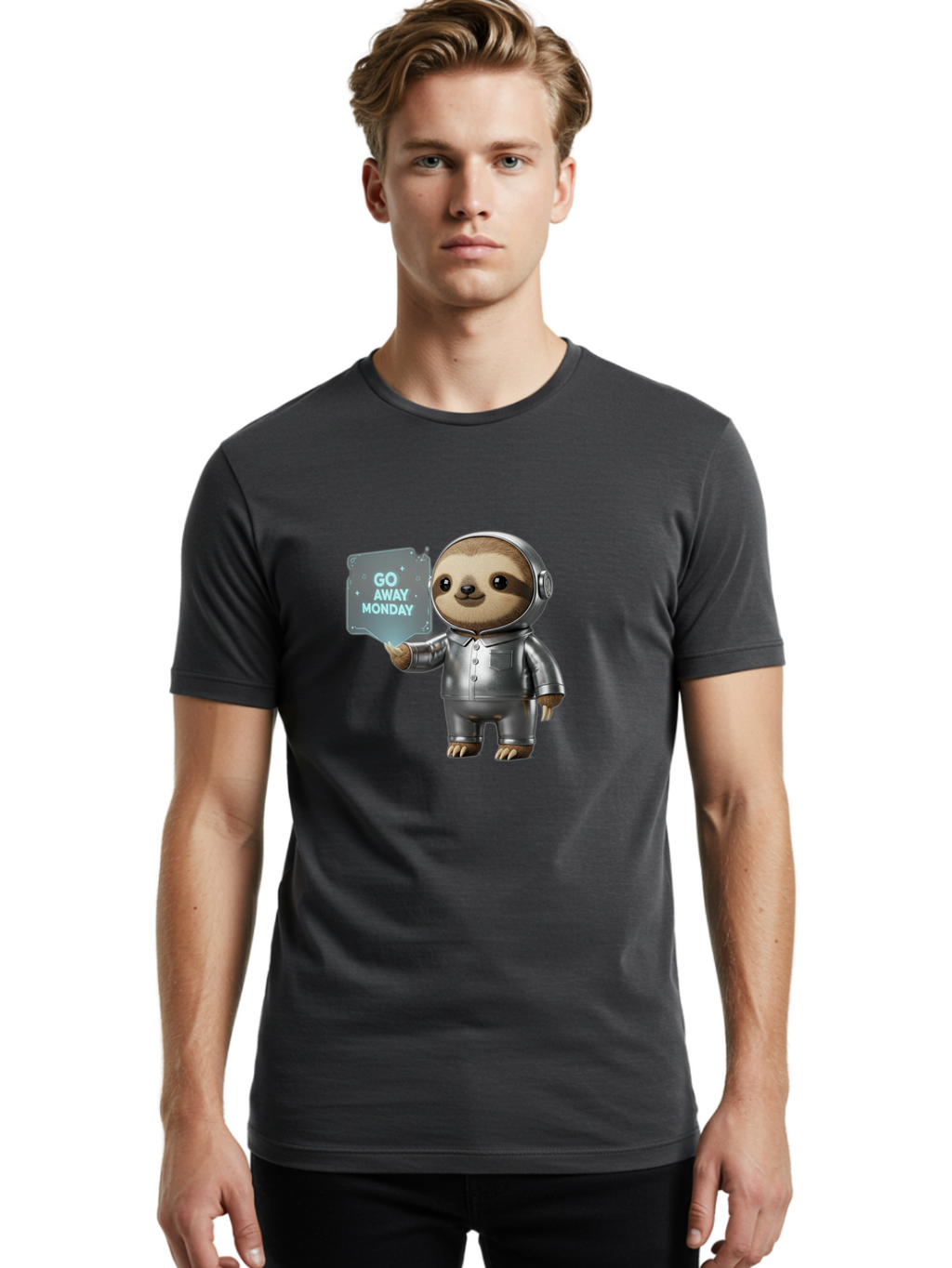 Sloth-In-Space-Suit Men'S Graphic Tee, 100% Cotton, Comfortable Casual Summer Wear, Machine Washable, Sloth In Silver Space Suit, Astronaut Sloth, Motivational Quote, Funny Animal, Humor, Quirky Character, Go Away Monday Bae757