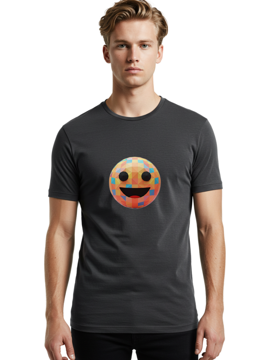 Smile-Ball Men'S Graphic Tee, 100% Cotton, Comfortable Casual Summer Wear, Machine Washable, Low Poly Orb, Happy Face, Smiling Emoji, Colorful Pattern, 3D Design, Vibrant Colors, Emotive Expression, Modern Art Style, Geometric Shapes, Bae759