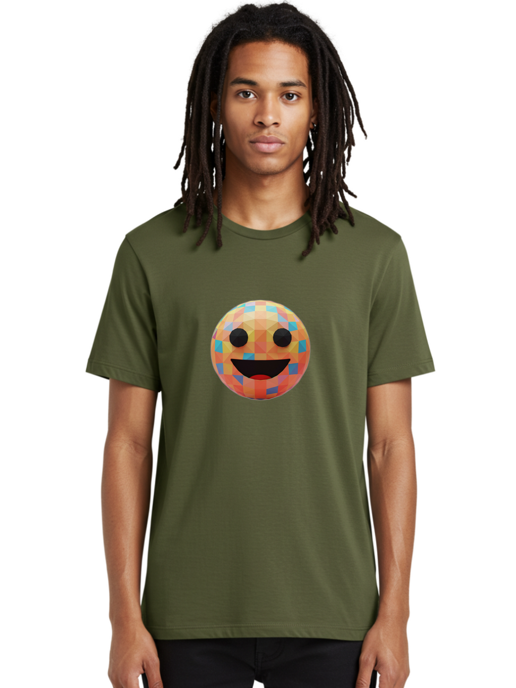 Smile-Ball Men'S Graphic Tee, 100% Cotton, Comfortable Casual Summer Wear, Machine Washable, Low Poly Orb, Happy Face, Smiling Emoji, Colorful Pattern, 3D Design, Vibrant Colors, Emotive Expression, Modern Art Style, Geometric Shapes, Bae759