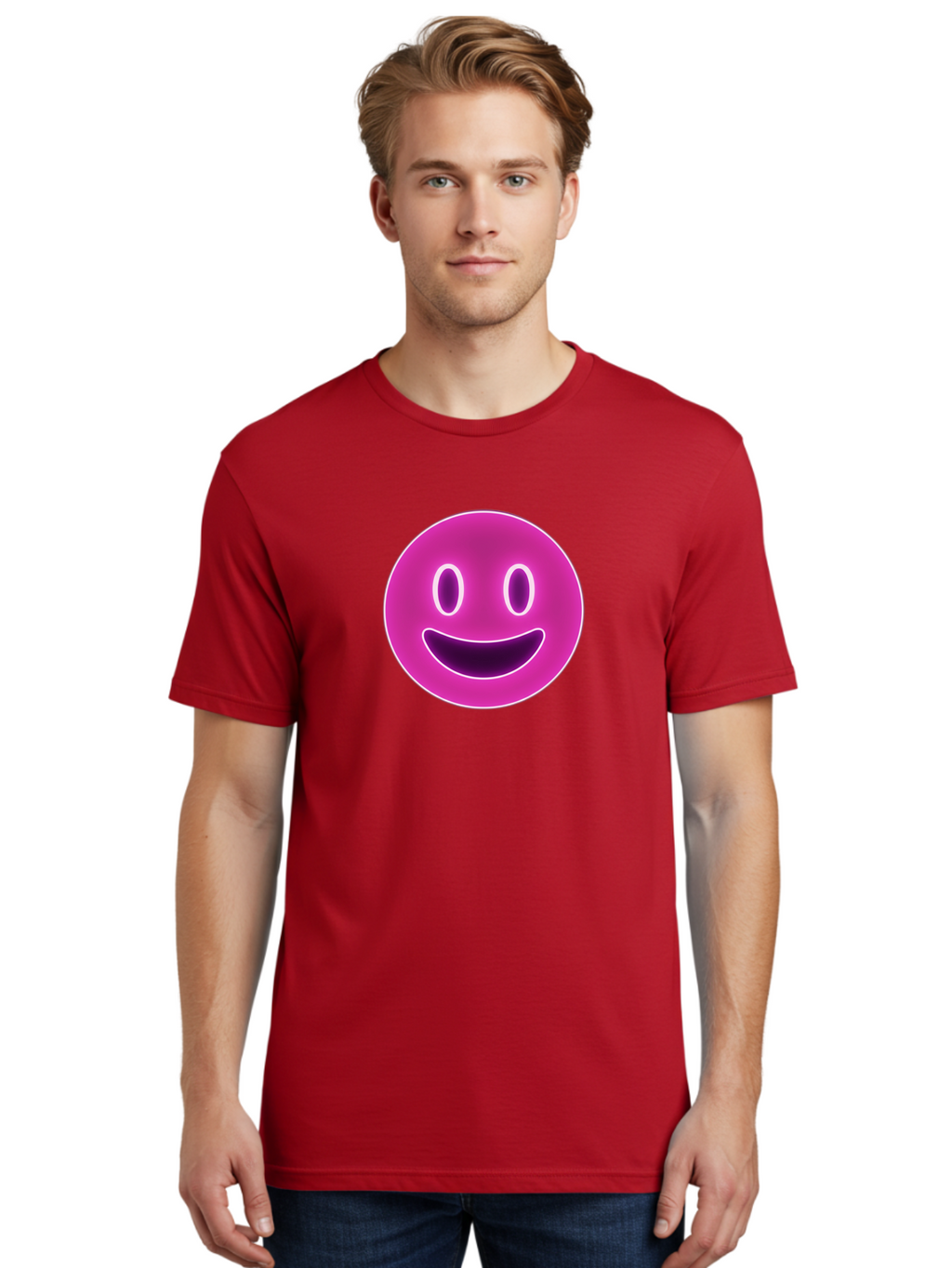 Smiley-Face Men'S Graphic Tee, 100% Cotton, Comfortable Casual Summer Wear, Machine Washable, Smiley Face, Happy Expression, Purple Emoticon, Neon Glow, Simple Design, Positive Vibe, Emotive Icon, Social Media Symbol, Emoticon, Happiness, Bae760