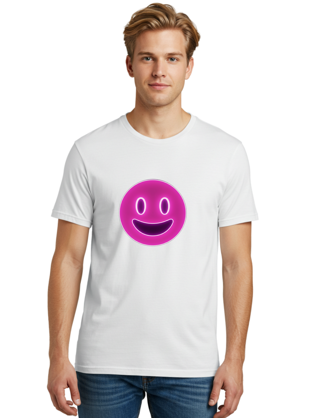 Smiley-Face Men'S Graphic Tee, 100% Cotton, Comfortable Casual Summer Wear, Machine Washable, Smiley Face, Happy Expression, Purple Emoticon, Neon Glow, Simple Design, Positive Vibe, Emotive Icon, Social Media Symbol, Emoticon, Happiness, Bae760