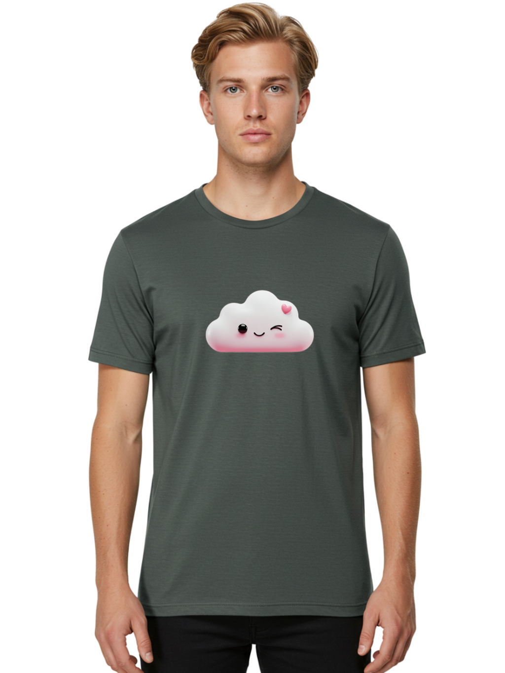Smiling-Cloud-2 Men'S Graphic Tee, 100% Cotton, Comfortable Casual Summer Wear, Machine Washable, Cartoon Cloud, Smiling Face, Kawaii Character, Cute Emoji, Soft Pink Colors, Winking Eye, Rosy Cheeks, Adorable Illustration, Digital Art, Bae763