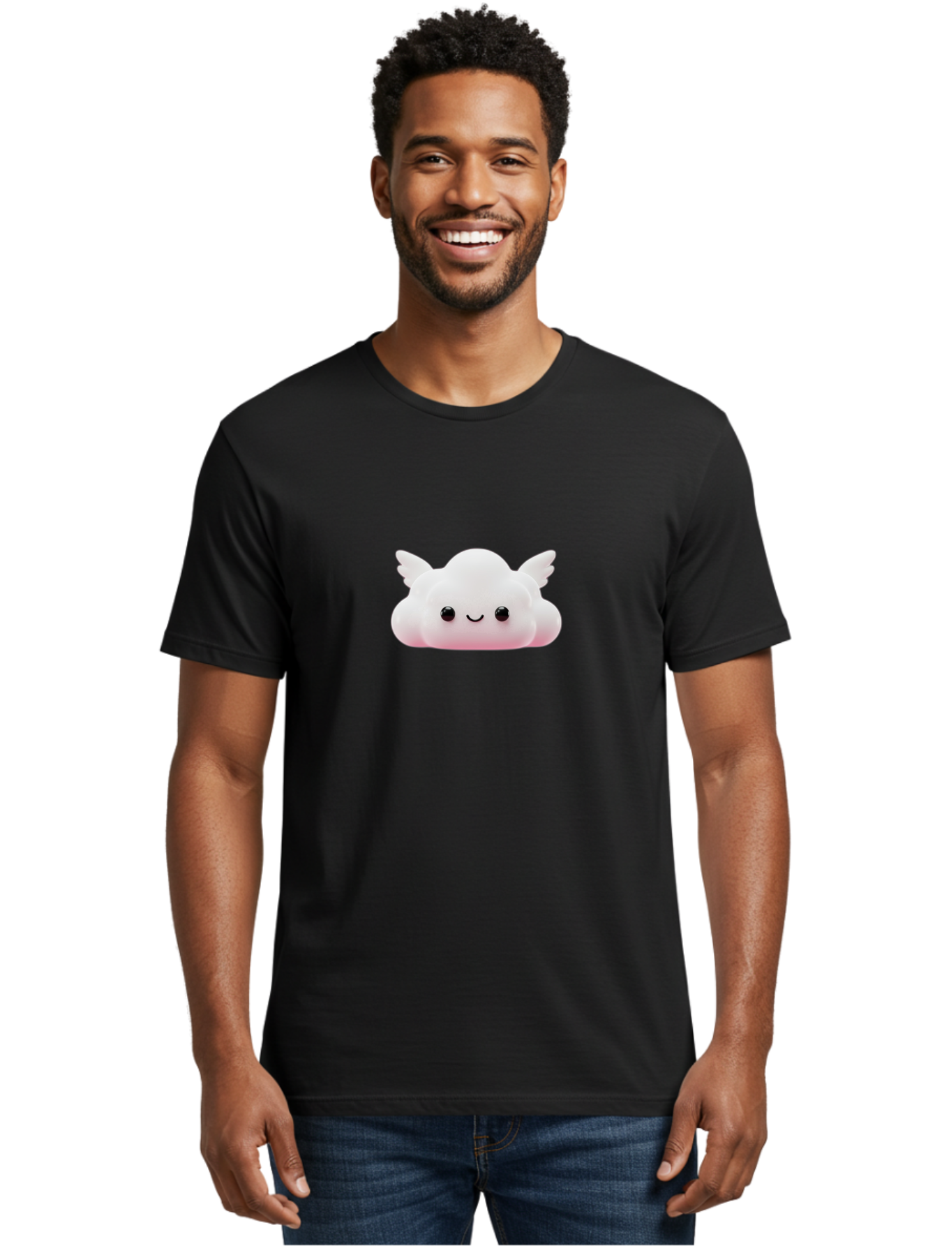 Smiling-Cloud Men'S Graphic Tee, 100% Cotton, Comfortable Casual Summer Wear, Machine Washable, Cartoon Cloud, Cute Character, Smiling Face, Winged Creature, Fluffy Texture, Soft Pink Hue, Adorable Design, Digital Illustration, Kawaii Art Bae765