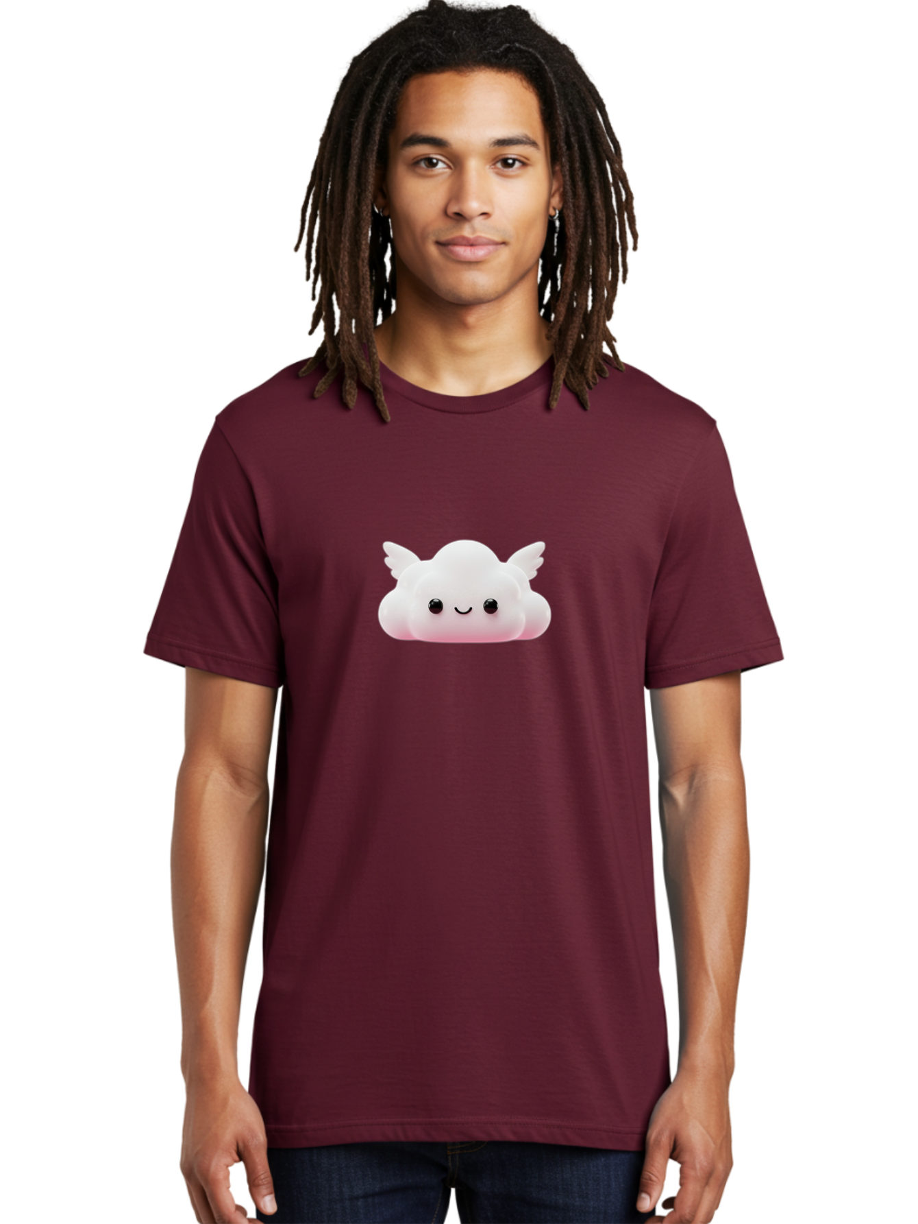 Smiling-Cloud Men'S Graphic Tee, 100% Cotton, Comfortable Casual Summer Wear, Machine Washable, Cartoon Cloud, Cute Character, Smiling Face, Winged Creature, Fluffy Texture, Soft Pink Hue, Adorable Design, Digital Illustration, Kawaii Art Bae765