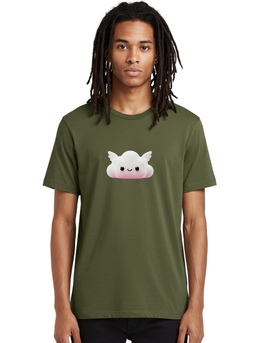 Smiling-Cloud Men'S Graphic Tee, 100% Cotton, Comfortable Casual Summer Wear, Machine Washable, Cartoon Cloud, Cute Character, Smiling Face, Winged Creature, Fluffy Texture, Soft Pink Hue, Adorable Design, Digital Illustration, Kawaii Art Bae765