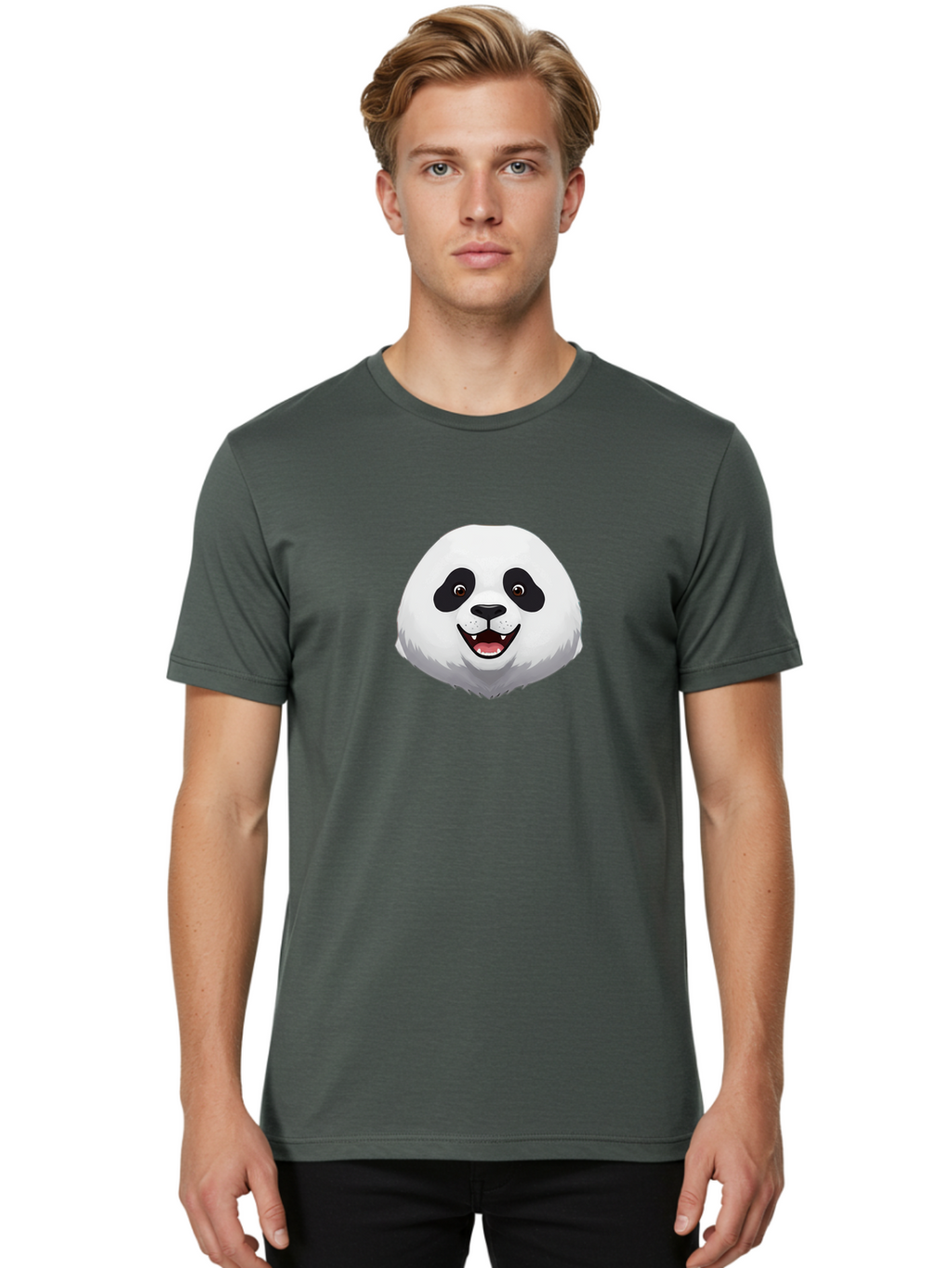 Smiling-Panda-Head Men'S Graphic Tee, 100% Cotton, Comfortable Casual Summer Wear, Machine Washable, Cartoon Panda, Happy Face, Black And White Fur, Cute Animal, Playful Expression, Smiling Panda, Cartoon Character Bae766