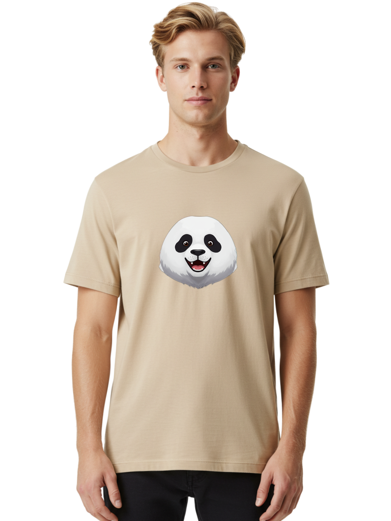 Smiling-Panda-Head Men'S Graphic Tee, 100% Cotton, Comfortable Casual Summer Wear, Machine Washable, Cartoon Panda, Happy Face, Black And White Fur, Cute Animal, Playful Expression, Smiling Panda, Cartoon Character Bae766