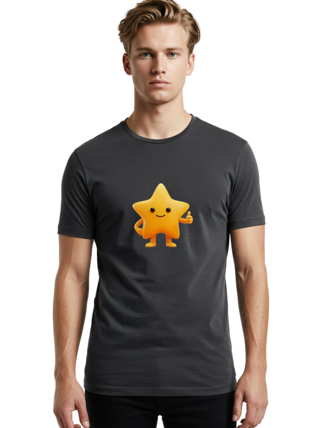 Smiling-Star-1 Men'S Graphic Tee, 100% Cotton, Comfortable Casual Summer Wear, Machine Washable, Cartoon Star, Yellow Star, Smiling Face, Thumbs Up, Happy Character, Friendly Star, Cute Design, 3D Illustration, Positive Vibe, Good Vibes Only Bae767