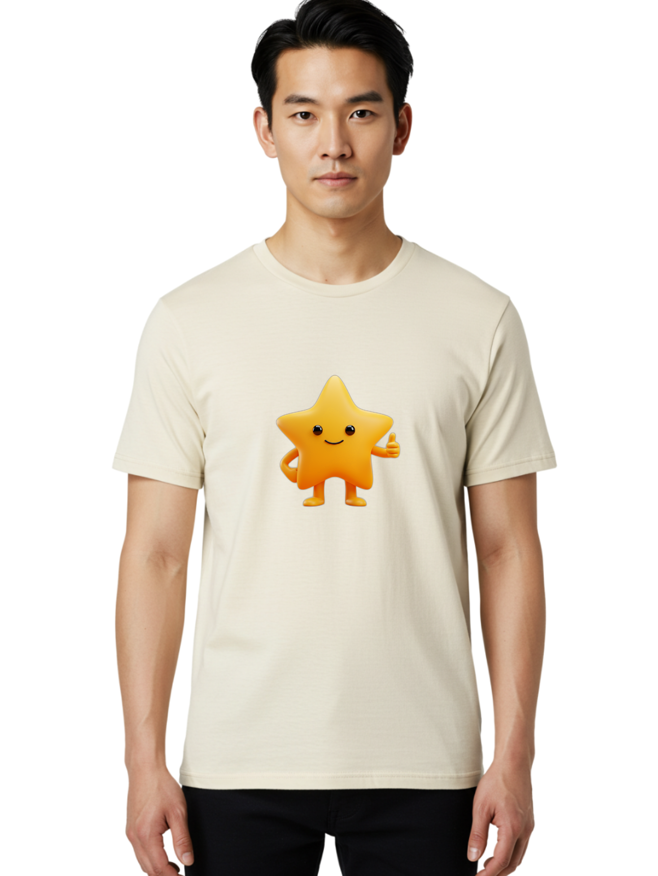 Smiling-Star-1 Men'S Graphic Tee, 100% Cotton, Comfortable Casual Summer Wear, Machine Washable, Cartoon Star, Yellow Star, Smiling Face, Thumbs Up, Happy Character, Friendly Star, Cute Design, 3D Illustration, Positive Vibe, Good Vibes Only Bae767