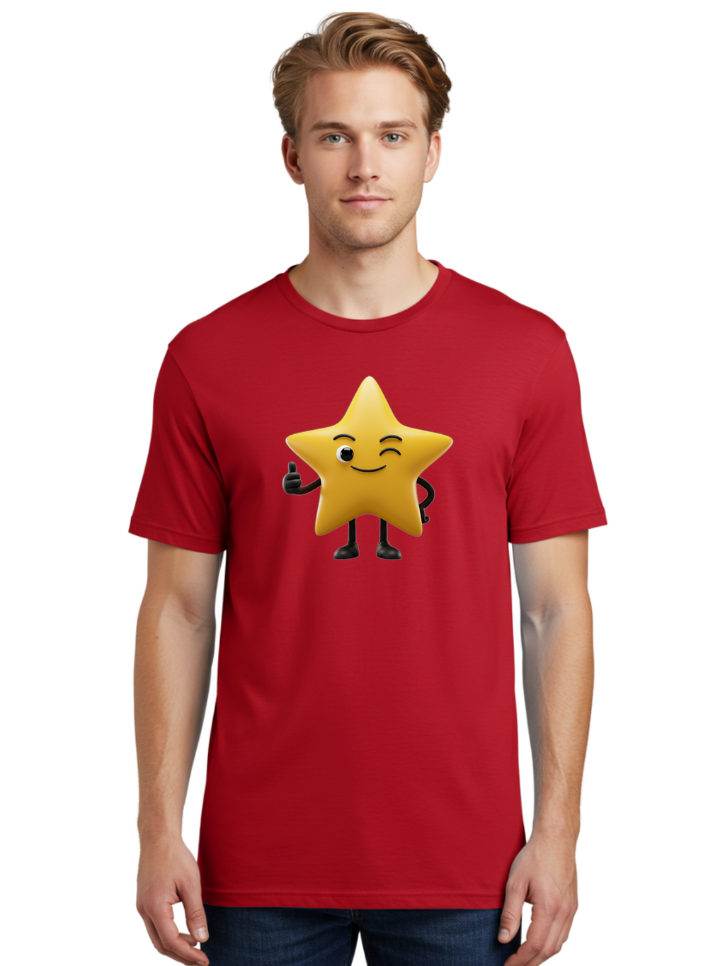 Smiling-Star-3 Men'S Graphic Tee, 100% Cotton, Comfortable Casual Summer Wear, Machine Washable, Happy Star, Cartoon Character, Yellow Star, Thumbs Up, Smiling Face, One Eye, Black Legs, Fun Design, Playful Illustration, Positive Vibes, Bae769