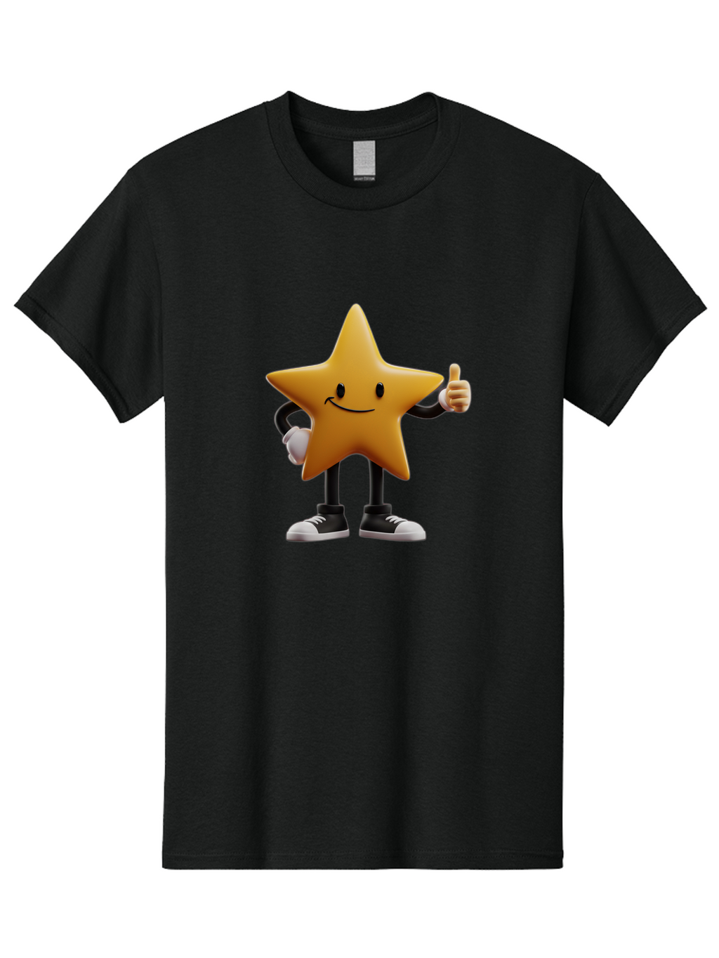 Smiling-Star-4 Men'S Graphic Tee, 100% Cotton, Comfortable Casual Summer Wear, Machine Washable, Smiling Star Character, Thumbs Up Approval, Happy Expression, Cartoon Style, Yellow Star, Black Legs, White Gloves, Black And White Shoes, Bae770