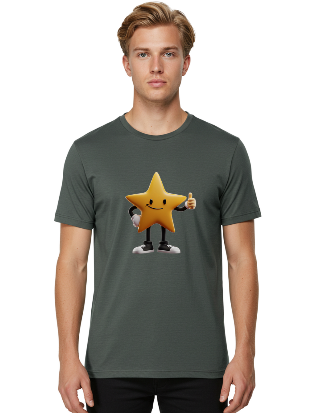 Smiling-Star-4 Men'S Graphic Tee, 100% Cotton, Comfortable Casual Summer Wear, Machine Washable, Smiling Star Character, Thumbs Up Approval, Happy Expression, Cartoon Style, Yellow Star, Black Legs, White Gloves, Black And White Shoes, Bae770