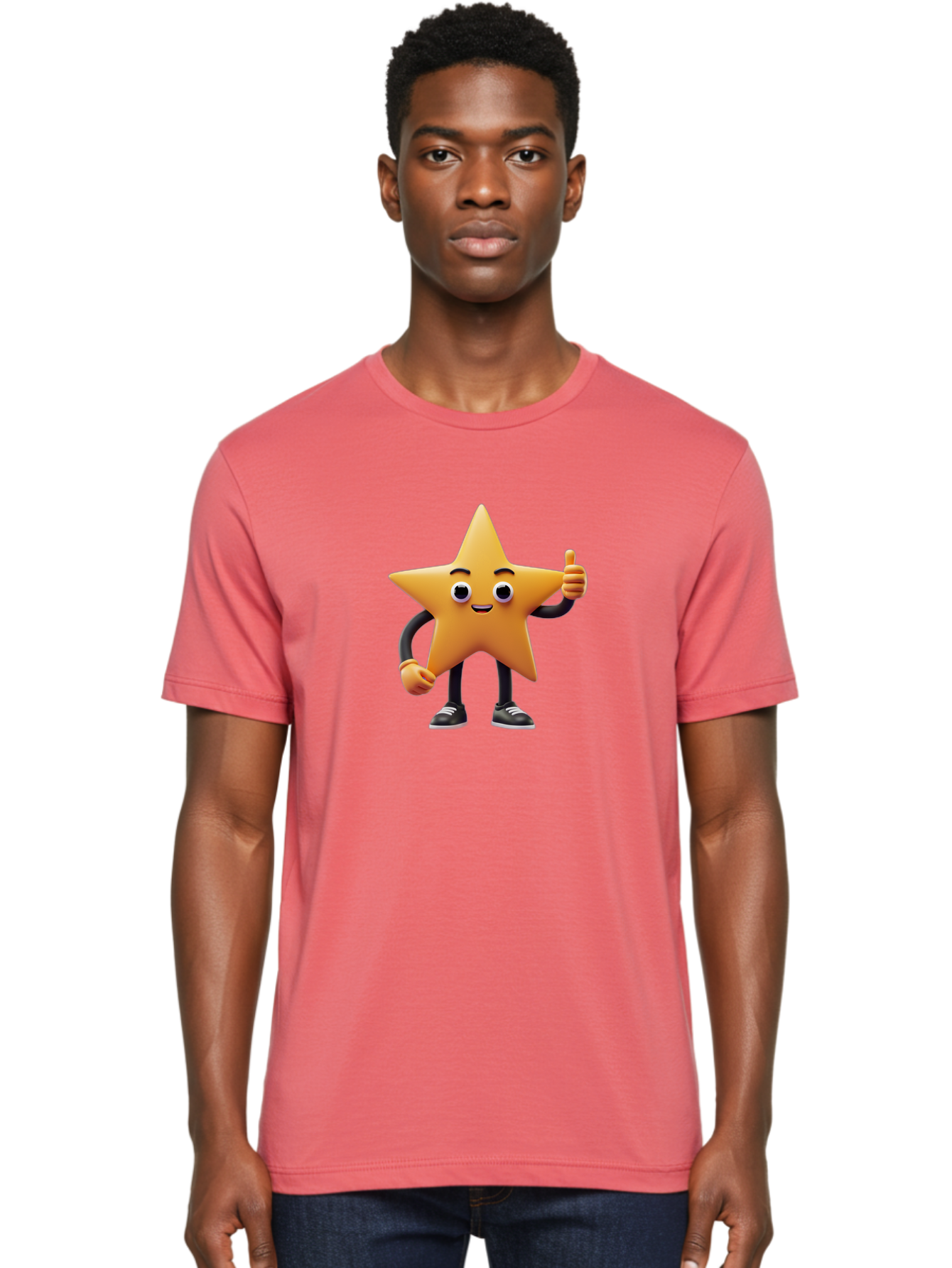 Smiling-Star-Character Men'S Graphic Tee, 100% Cotton, Comfortable Casual Summer Wear, Machine Washable, Star Character, Thumbs Up, Approval, Positivity, Cartoon Style, Happy Face, Friendly Gesture, Approval Symbol, Five-Pointed Star, Bae771