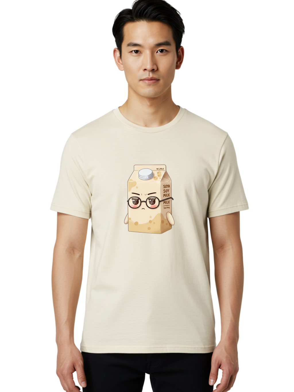 Soya-Soy-Milk Men'S Graphic Tee, 100% Cotton, Comfortable Casual Summer Wear, Machine Washable, Cartoon Soy Milk Carton, Anthropomorphic Milk, Glasses, Sad Face, Soy Milk, Milk Carton, Kawaii Character, Plant-Based Milk, Dairy-Free, Vegan Milk Bae773