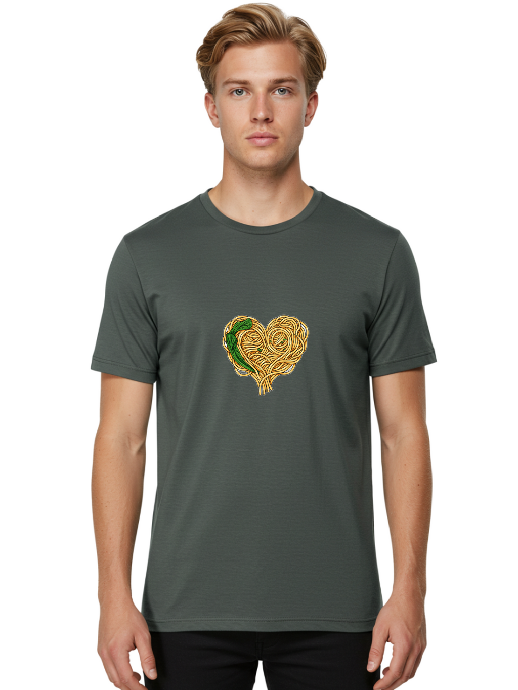 Spaghetti-Heart Men'S Graphic Tee, 100% Cotton, Comfortable Casual Summer Wear, Machine Washable, Spaghetti In Heart Shape, Tangled Noodles, Basil Leaves, Italian Cuisine, Pasta Art, Food Illustration, Culinary Design, Love Theme Bae774