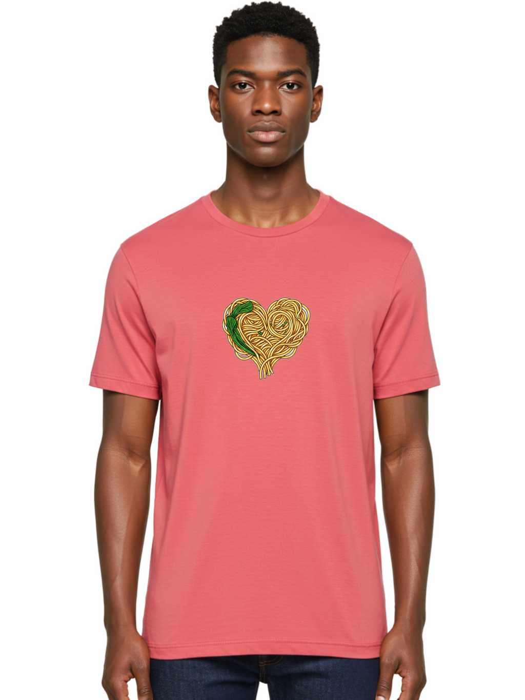 Spaghetti-Heart Men'S Graphic Tee, 100% Cotton, Comfortable Casual Summer Wear, Machine Washable, Spaghetti In Heart Shape, Tangled Noodles, Basil Leaves, Italian Cuisine, Pasta Art, Food Illustration, Culinary Design, Love Theme Bae774